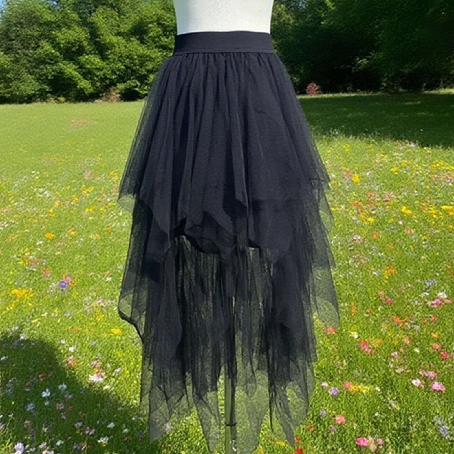 Gonna Tulle Donna Midi A Strati Asimmetrica Vita Alta Elasticizzata Elegante Fluida per Feste