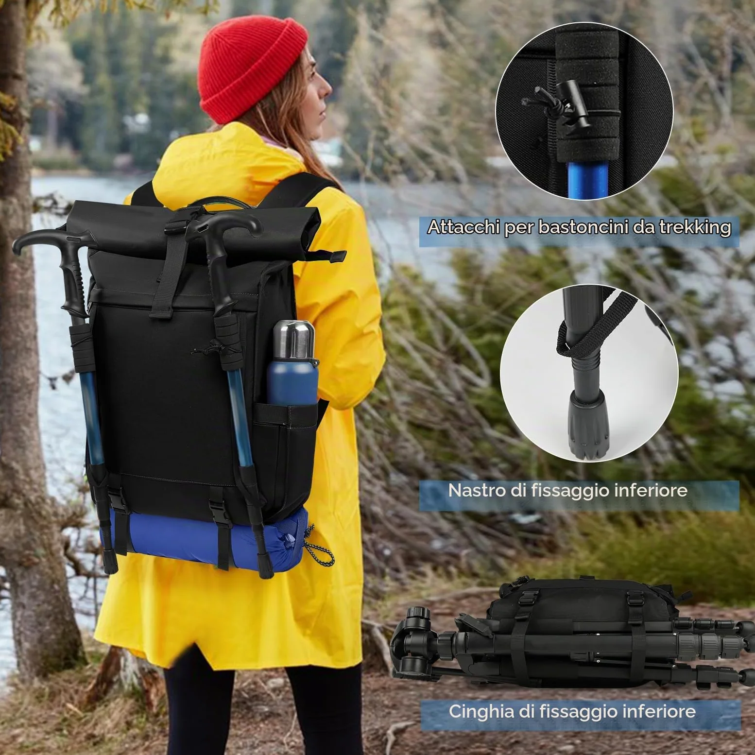 RAINSMORE Zaino Uomo Donna Porta PC 17 Pollici Impermeabile Zaino Viaggio | Zaino Trekking con Foro USB per Lavoro Alpinismo Trekking Campeggio Nero