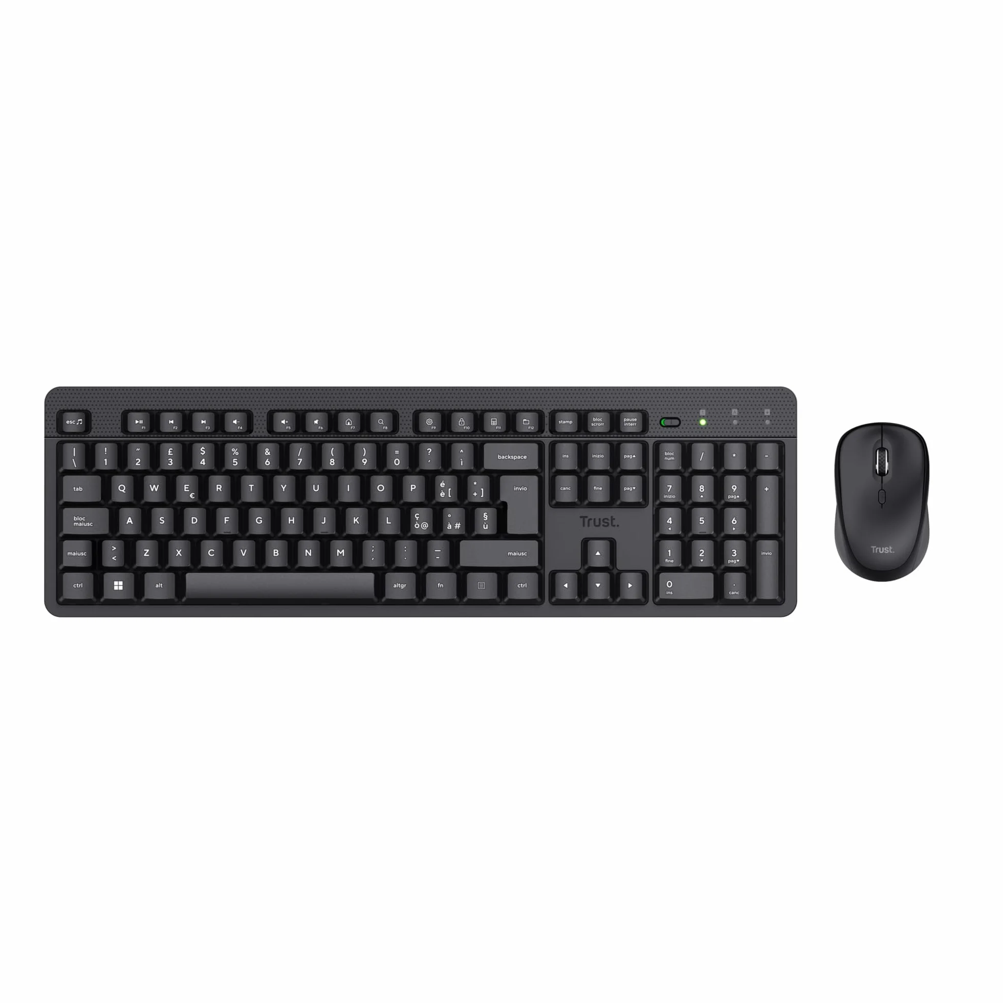 Trust Ymo II Set Tastiera e Mouse Wireless Silenziosi Italiano QWERTY, Tasti a Profilo Ribassato, Resistente agli Sversamenti, Unico Ricevitore USB, Nero