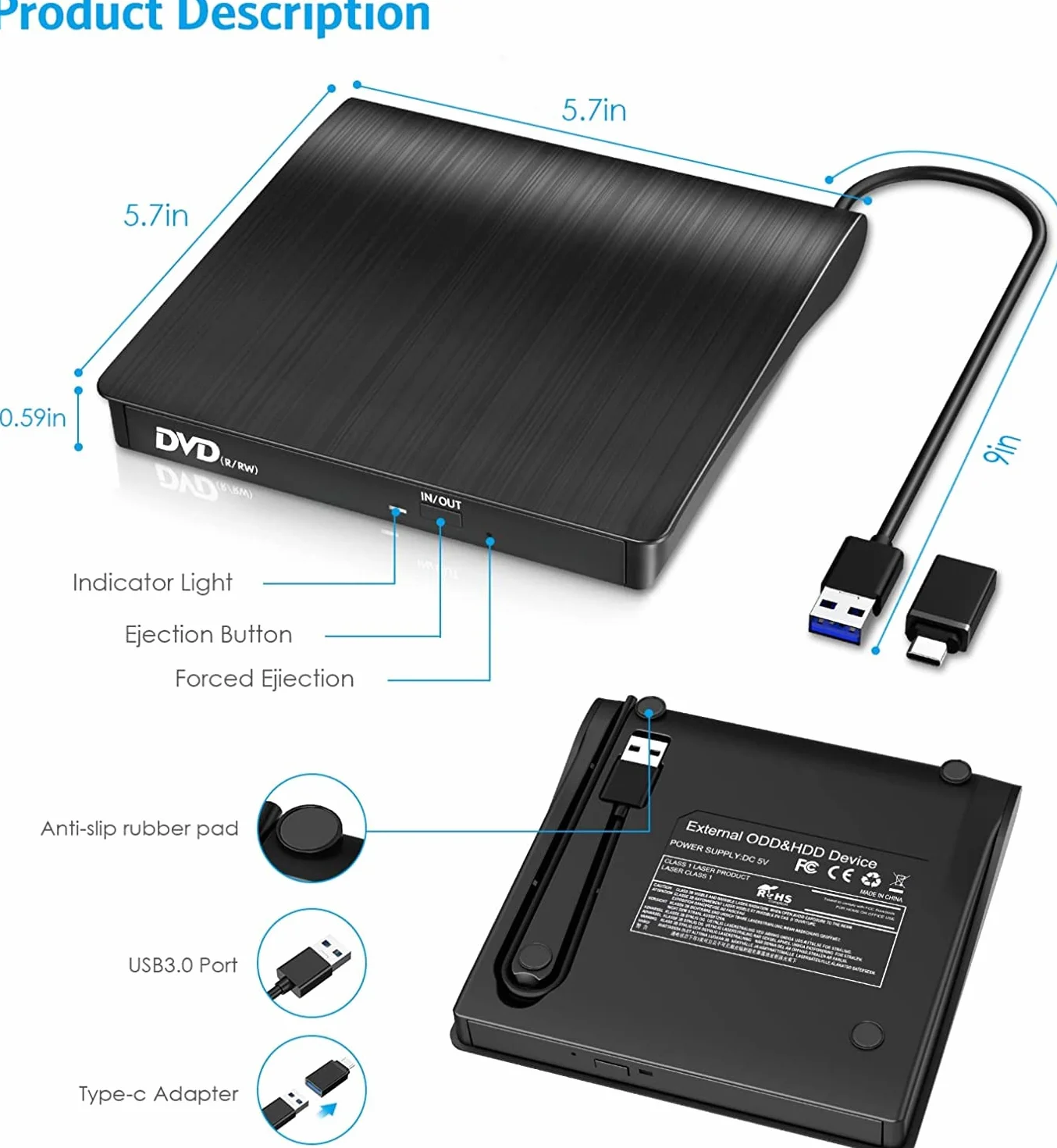 XIAOXIN Masterizzatore DVD Esterno, Lettore CD Esterno per Portatile Unità Esterna USB 3.0 DVD-R CD-RW Drive Dispositivo Ultra Slim Per Laptop Windows 98/ME/ 2000/XP/Vista/7/8/10/11 Mac Linux