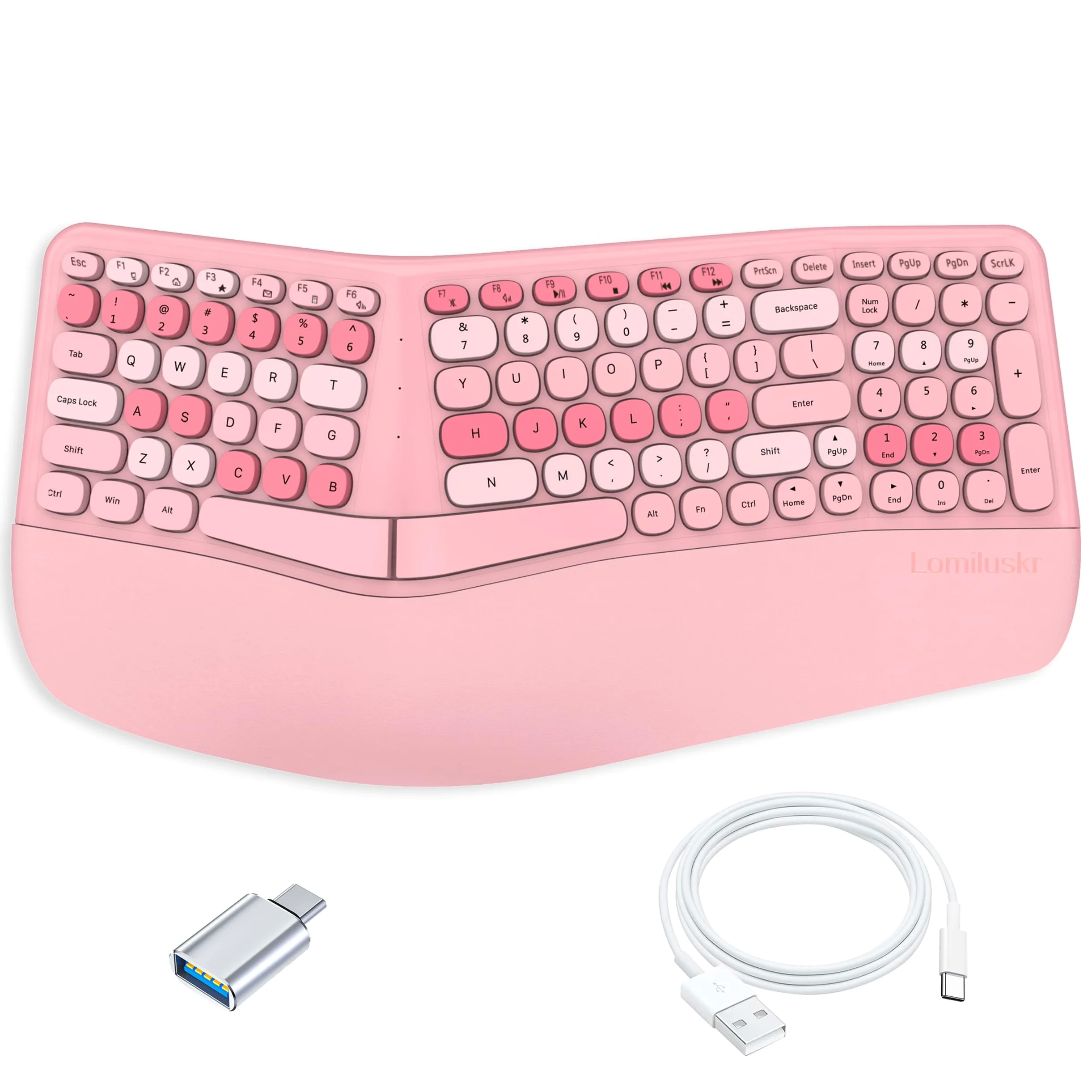 Lomiluskr Tastiera ergonomica cablata con poggiapolsi in PU, tastiera per tunnel carpale, design colorato con split ergo, comoda digitazione naturale, compatibile con PC/laptop (rosa)