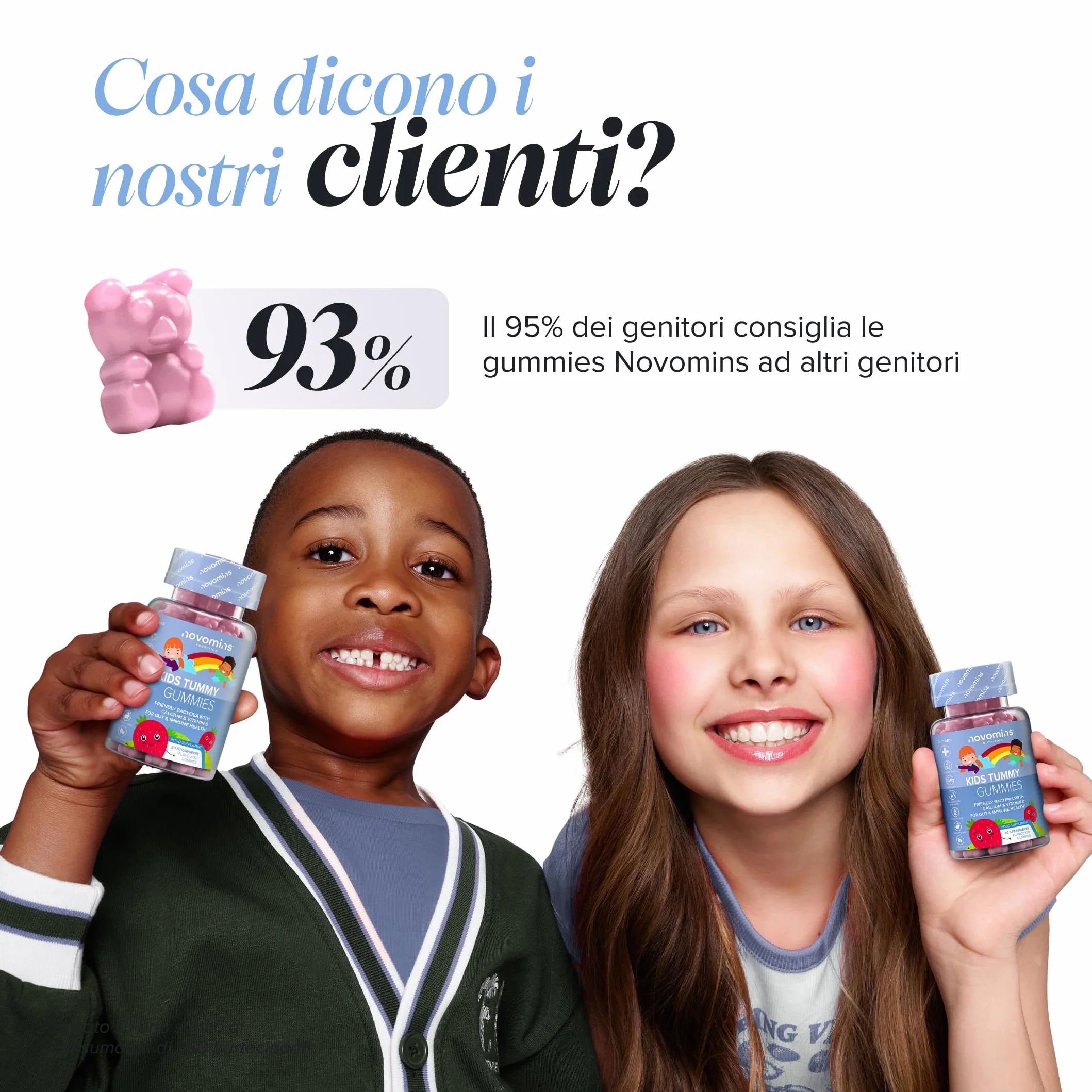 Probiotici Bambini Gommose Fermenti Lattici con Vitamina D3 & Calcio Benessere Intestinale Difese 30 Gommose Novomins