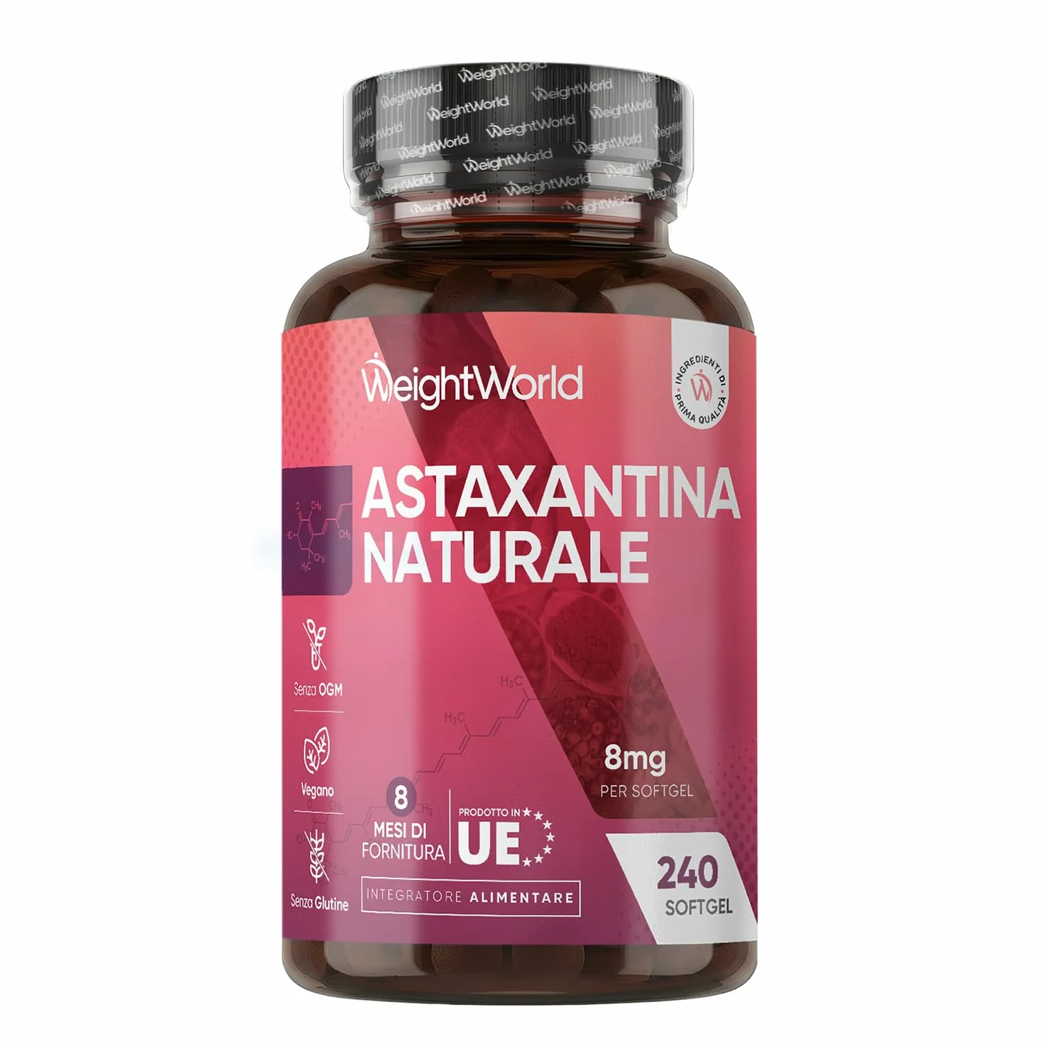 Astaxantina 240 Softgel Vegane Integratore Alimentare Naturale da Microalghe Haematococcus Pluvialis Prodotto in UE