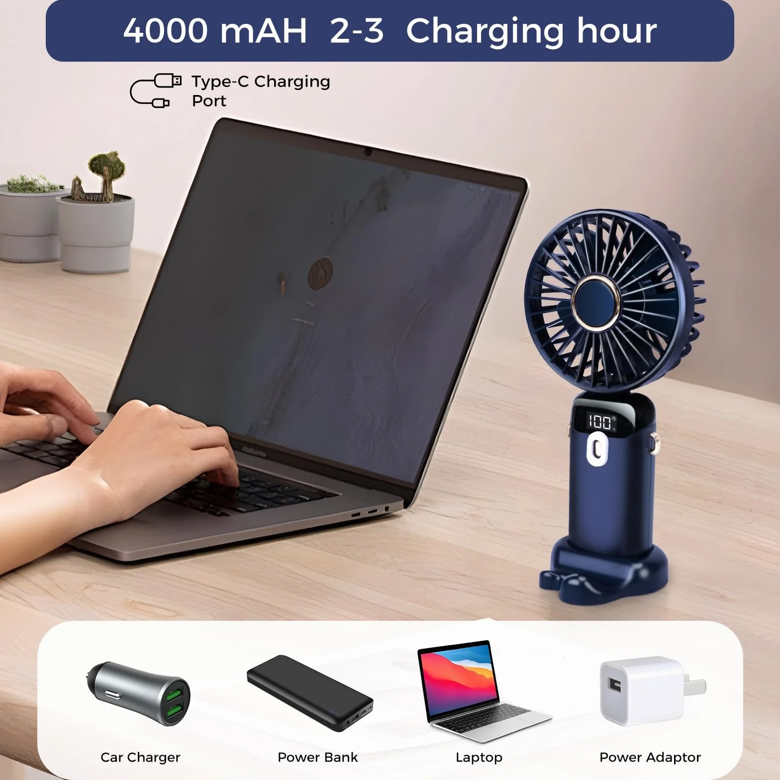 BOSONER Mini ventilatore portatile portatile ricaricabile con 5 velocità, piccolo ventilatore portatile da 4000 mAh a batteria, ventilatore personale silenzioso da viaggio per bambini, donne, uomini