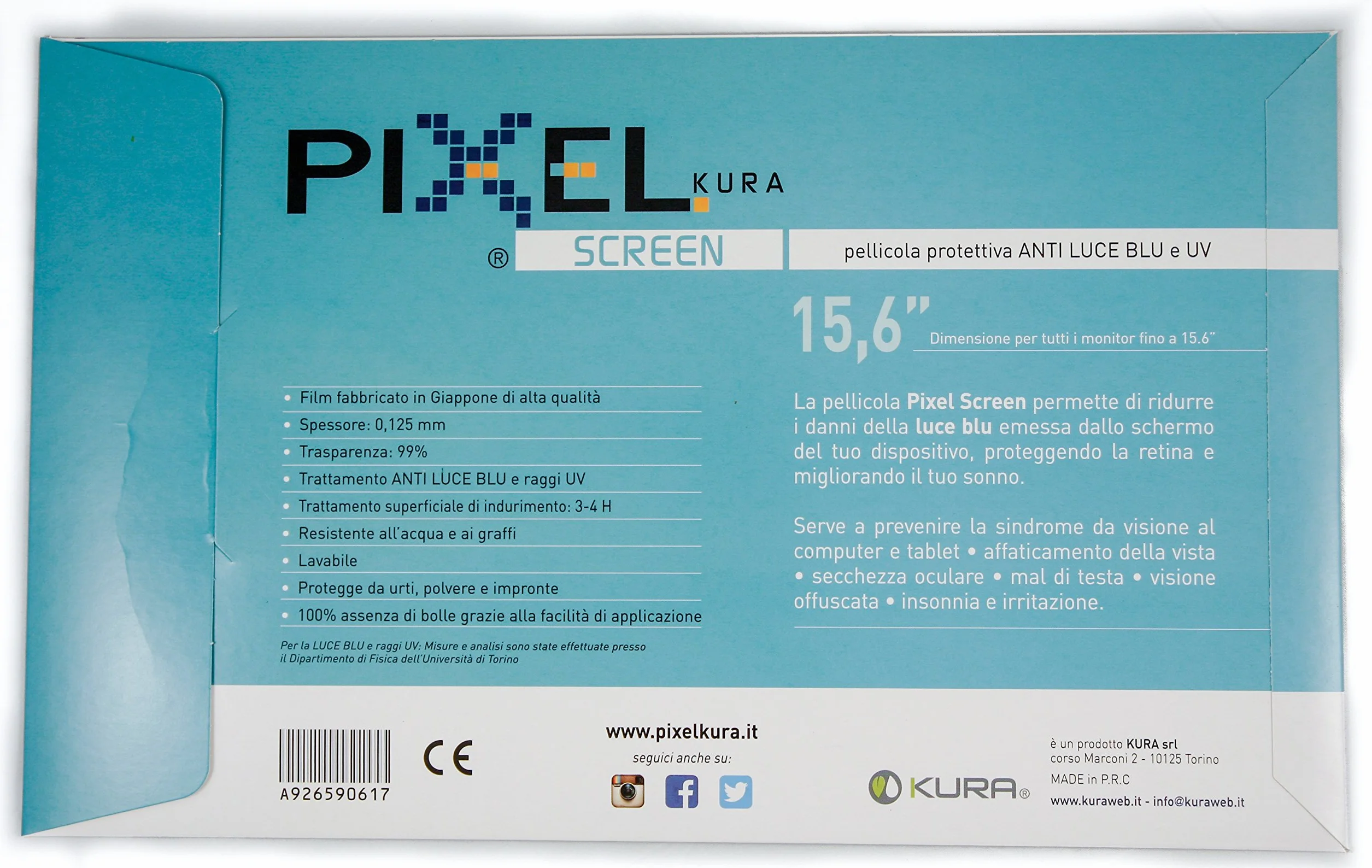 Pellicola PIXEL SCREEN 15, Filtro per Monitor, fino a 15.6 Pollici. Anti Luce blu e uv, Anti Graffio e Antiriflesso, no Bolle, Massima Trasparenza