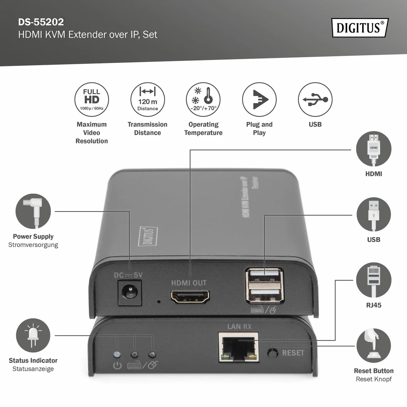 DIGITUS DS-55202 Estensore KVM HDMI - Full HD 1080p 60 Hz - 120 m via cavo LAN / illimitato via Ethernet (abilitato IP) - Set: Trasmettitore e ricevitore - HDMI 1.3 e HDCP 1.2