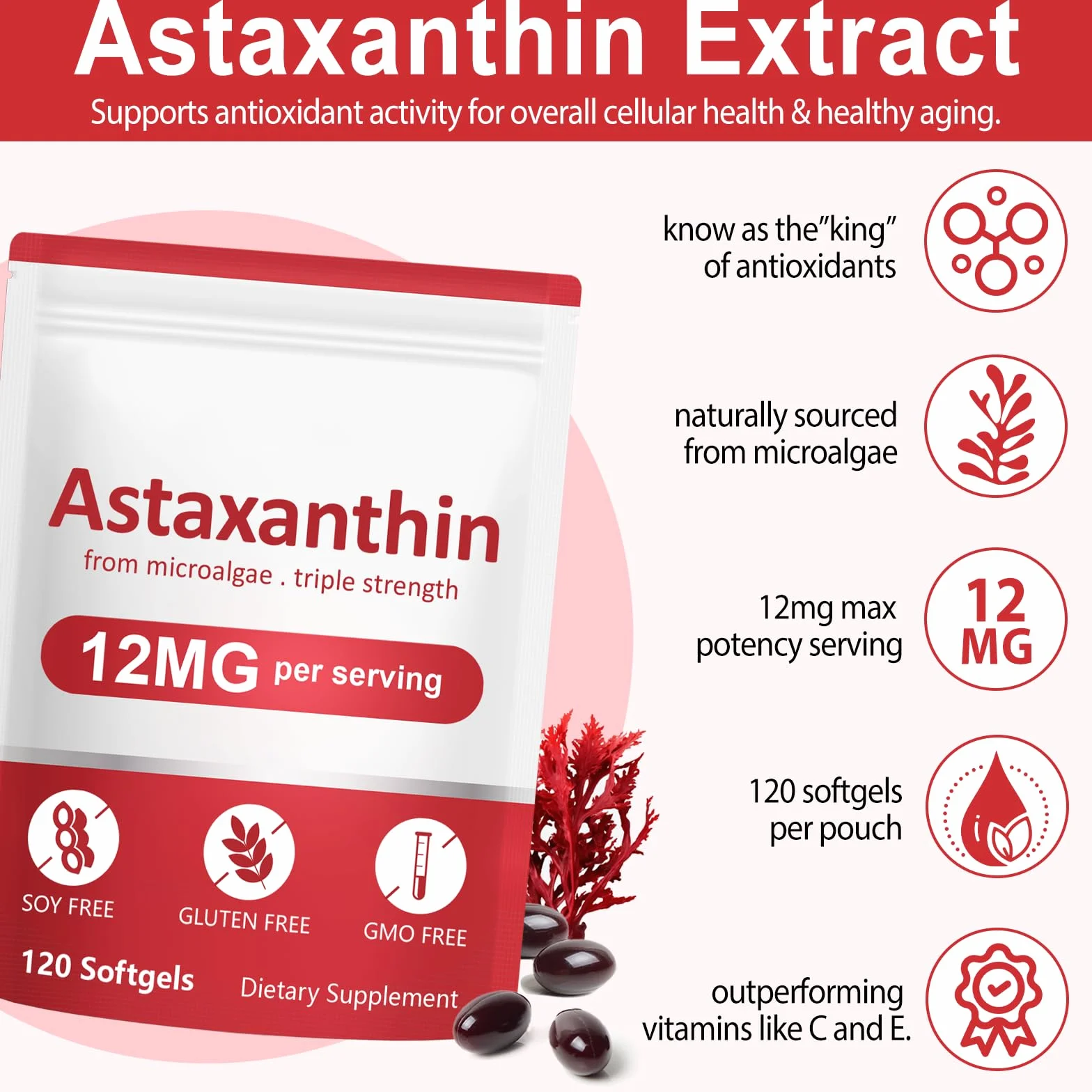 Astaxantina 12 mg 120 Softgel Integratore Antiossidante Tripla Forza Microalghe Fresche