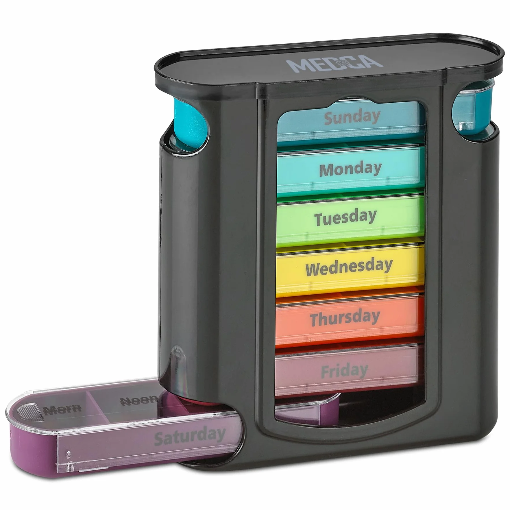 Organizzatore settimanale di pillole, 7 scomparti impilabili, 1 dispenser, nero