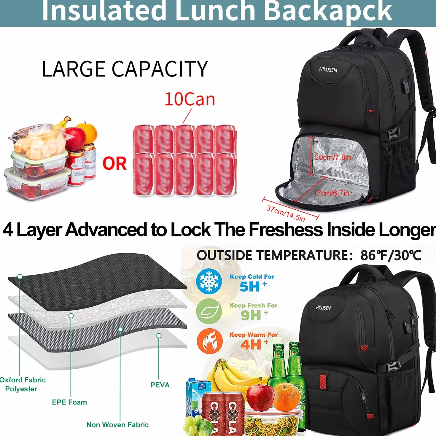 HILUSEN Zaino Uomo Grande 50L, Porta PC 17.3 Pollici Lavoro Impermeabile Pranzo Zaino con Caricatore USB, Laptop Computer Notebook Zaini per PC Portatili Viaggio Ufficio Scuola Università-Nero