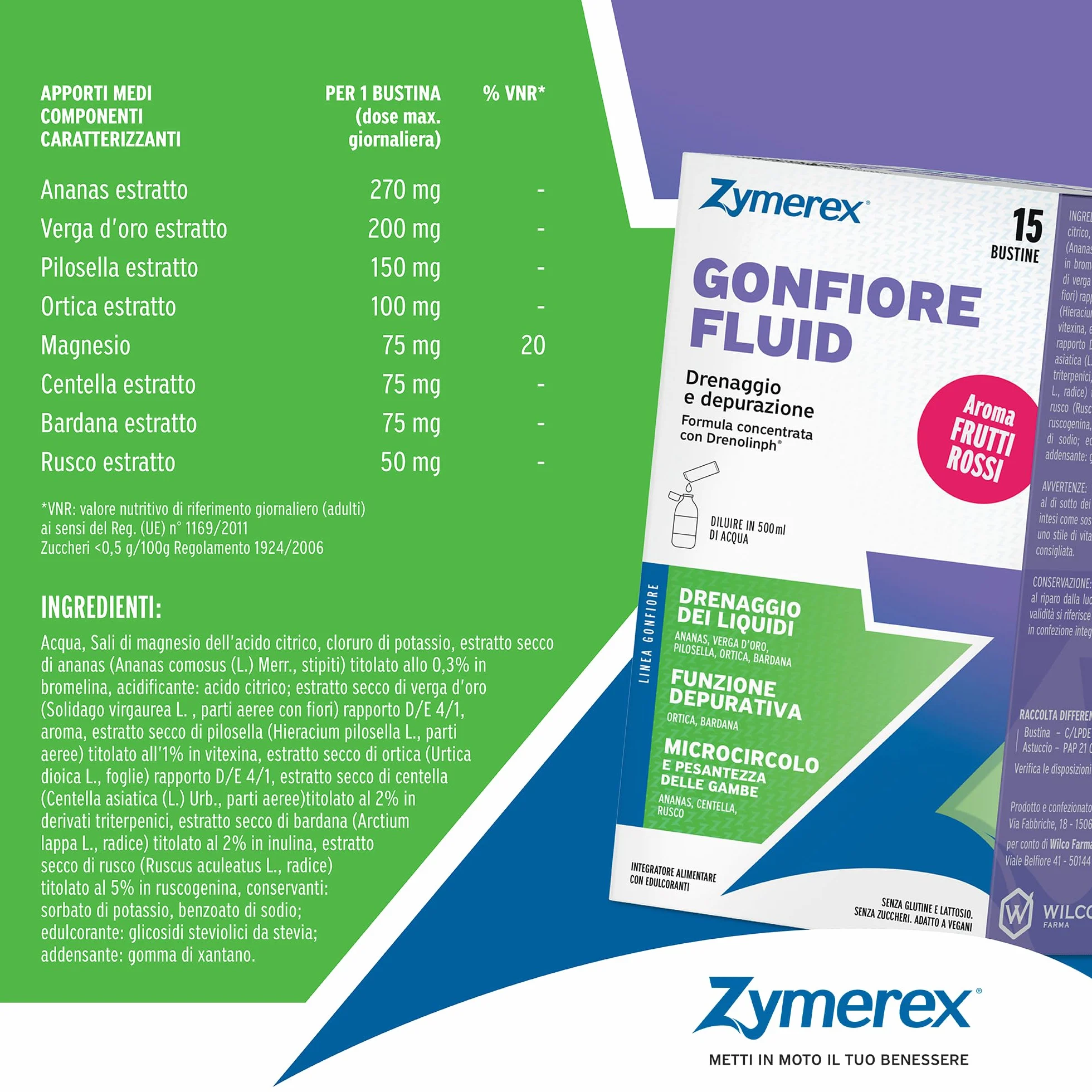 GONFIORE FLUID aroma FRUTTI ROSSI 15 Bustine monodose Drenaggio liquidi Depurazione Senza glutine e lattosio