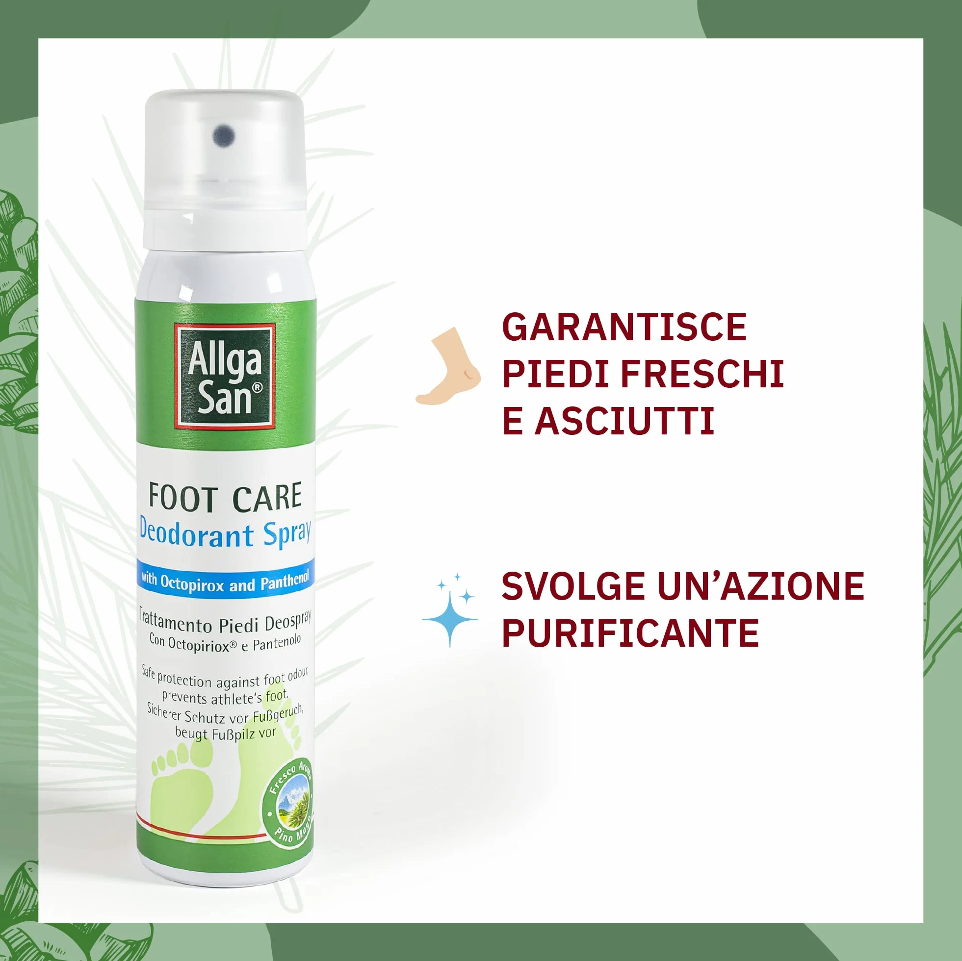 Allga San Deospray Deodorante Scarpe Spray Antiodore 100 ml Trattamento al Pino Mugo per Piedi Freschi e Asciutti