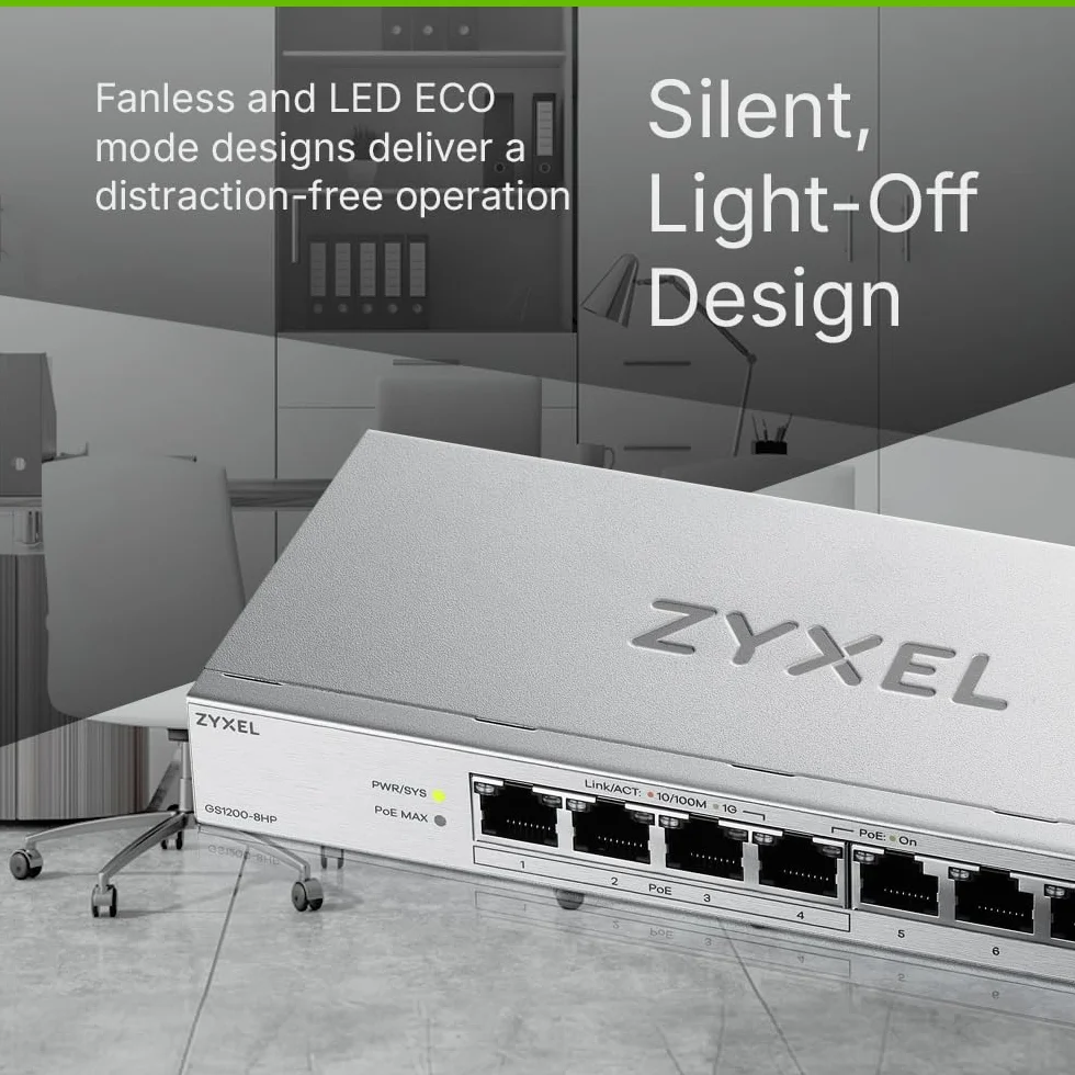 Zyxel Switch PoE 8 Porte | Switch Ethernet Gigabit Web Managed | 4 Porte PoE+ Budget 68W | QoS, Link Aggregation, VLAN, IGMP Snooping | Senza ventola | Desktop [GS1200-8HPv3]