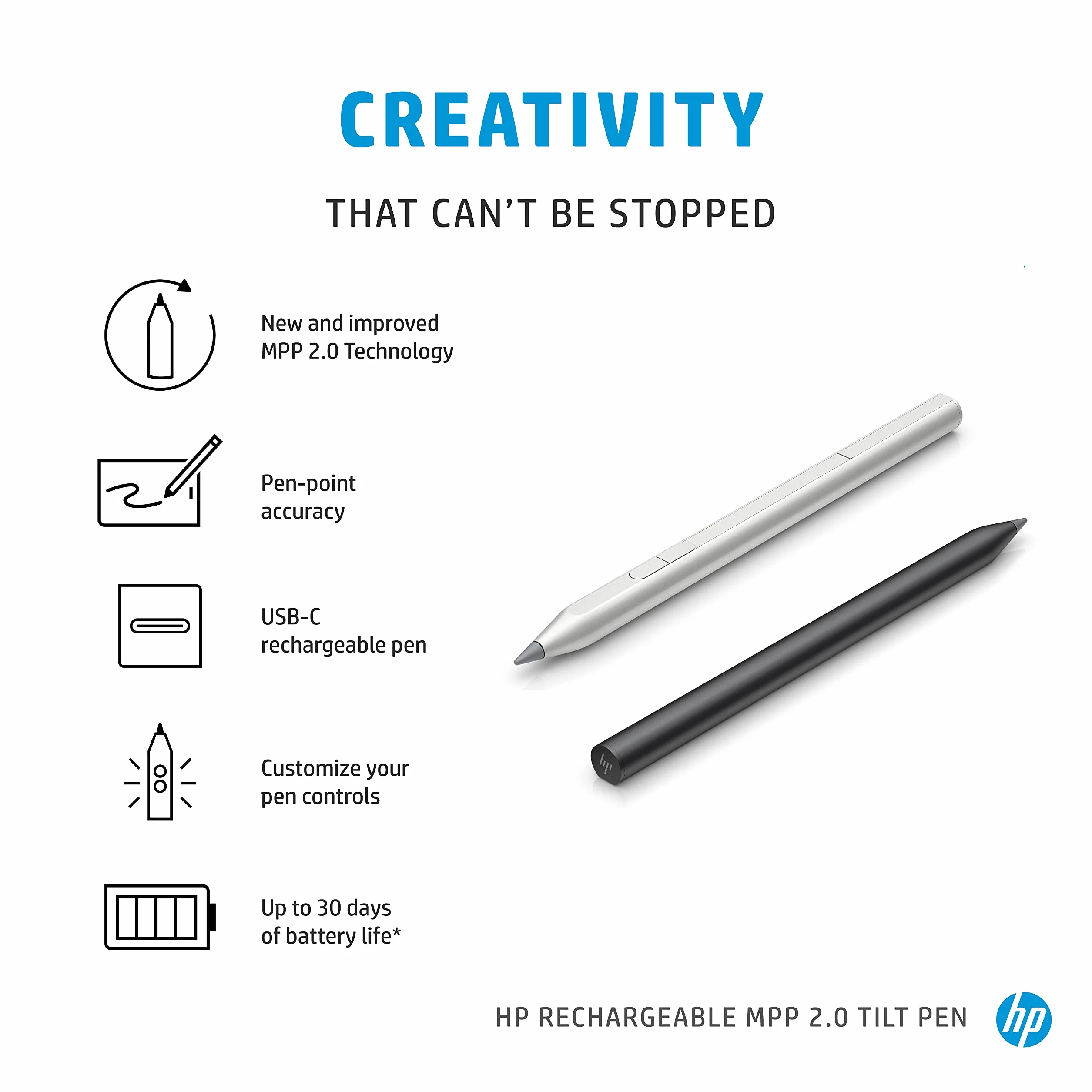 HP Penna ricaricabile MPP 2.0 Tilt con tecnologia MPP2.0 per meno ritardi, tempo di risposta migliorato, richiede solo 9 g di pressione - disegnare, scrivere, modificare, grigio antracite (3J122AA)