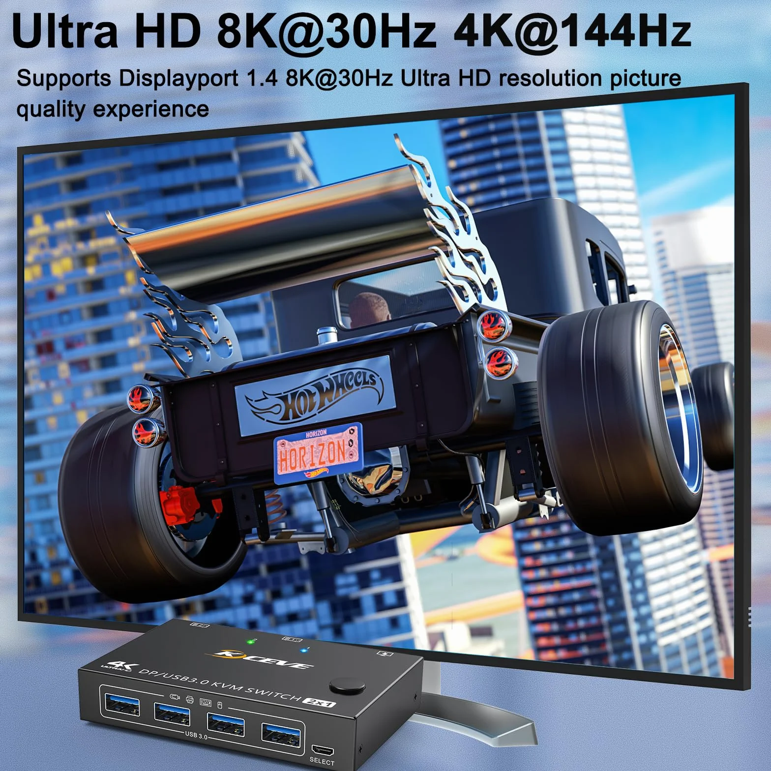 Switch KVM USB3.0 Displayport 2 porte 4K@144Hz, Switch KVM 2 PC 1 monitor 8K@30Hz con 4 porte USB3.0 per 2 PC condivisi 1 monitor e tastiera, mouse, stampante, con telecomando via cavo e 2 cavi USB3.0