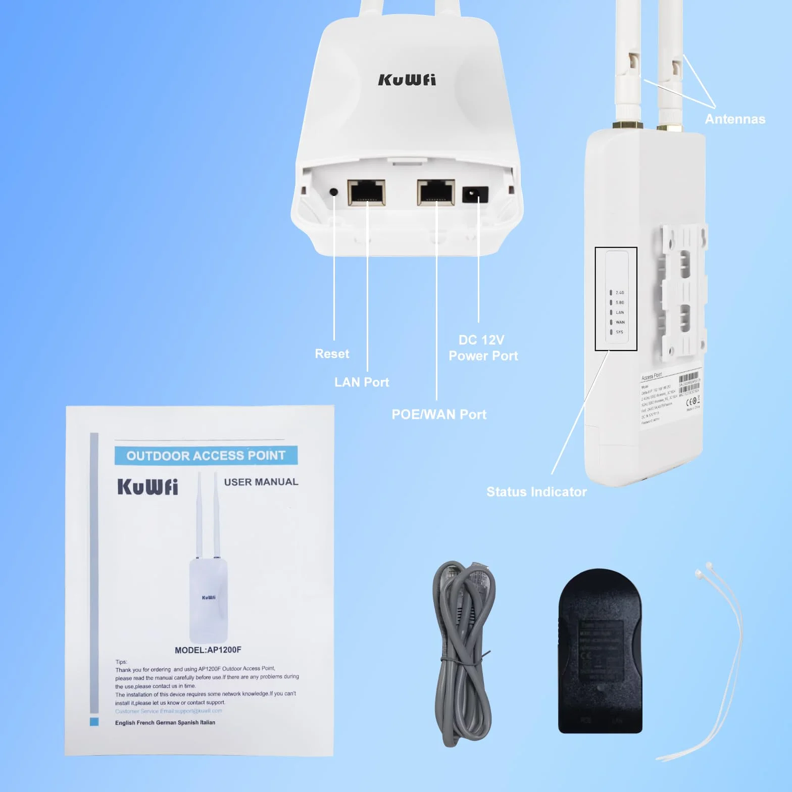 KuWFi Ripetitore WiFi Esterno, Access Point 1200Mbps Dual Band (2.4/5.8GHz), 2 Antenne 5dBi, IP65 Impermeabile e Alimentazione POE/DC, Ideale per Giardino e Aree Esterne