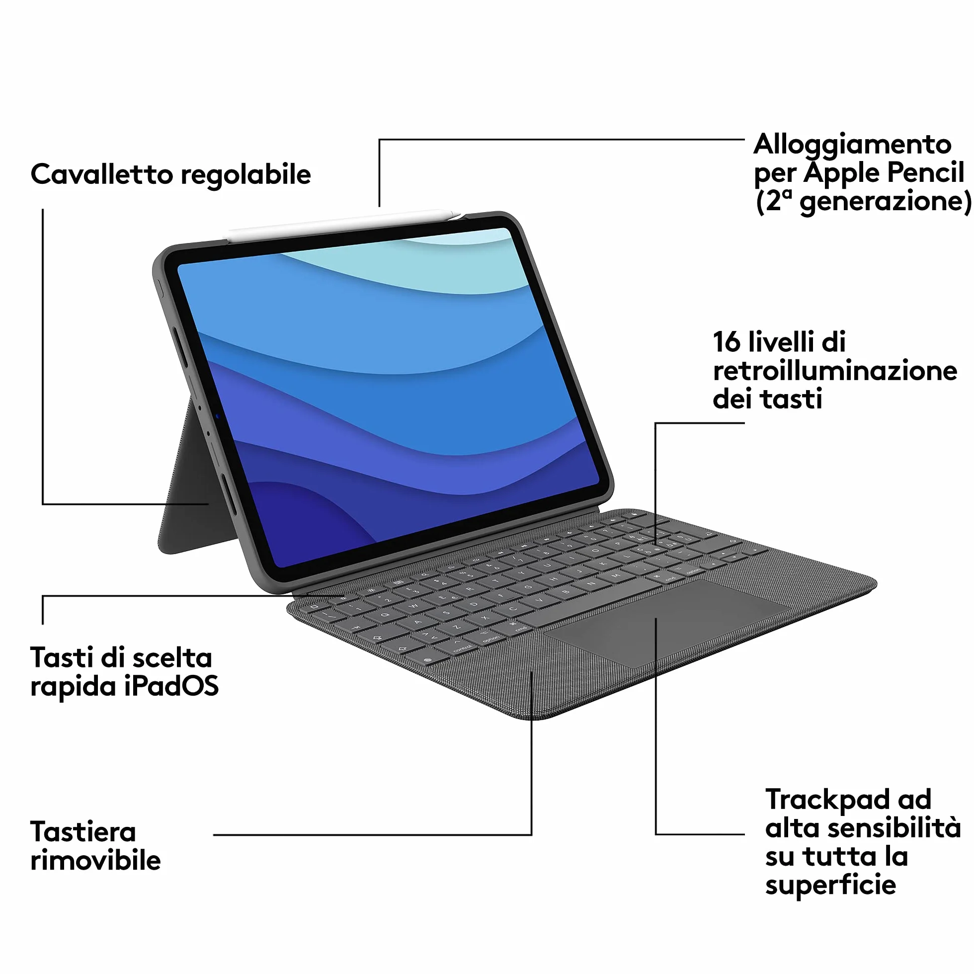 Logitech Combo Touch iPad Pro da 11 pollici (1a, 2a, 3a generazione - 2018, 2020, 2021) Custodia con tastiera - Tastiera retroilluminata staccabile - Italiano QWERTY - Grigio