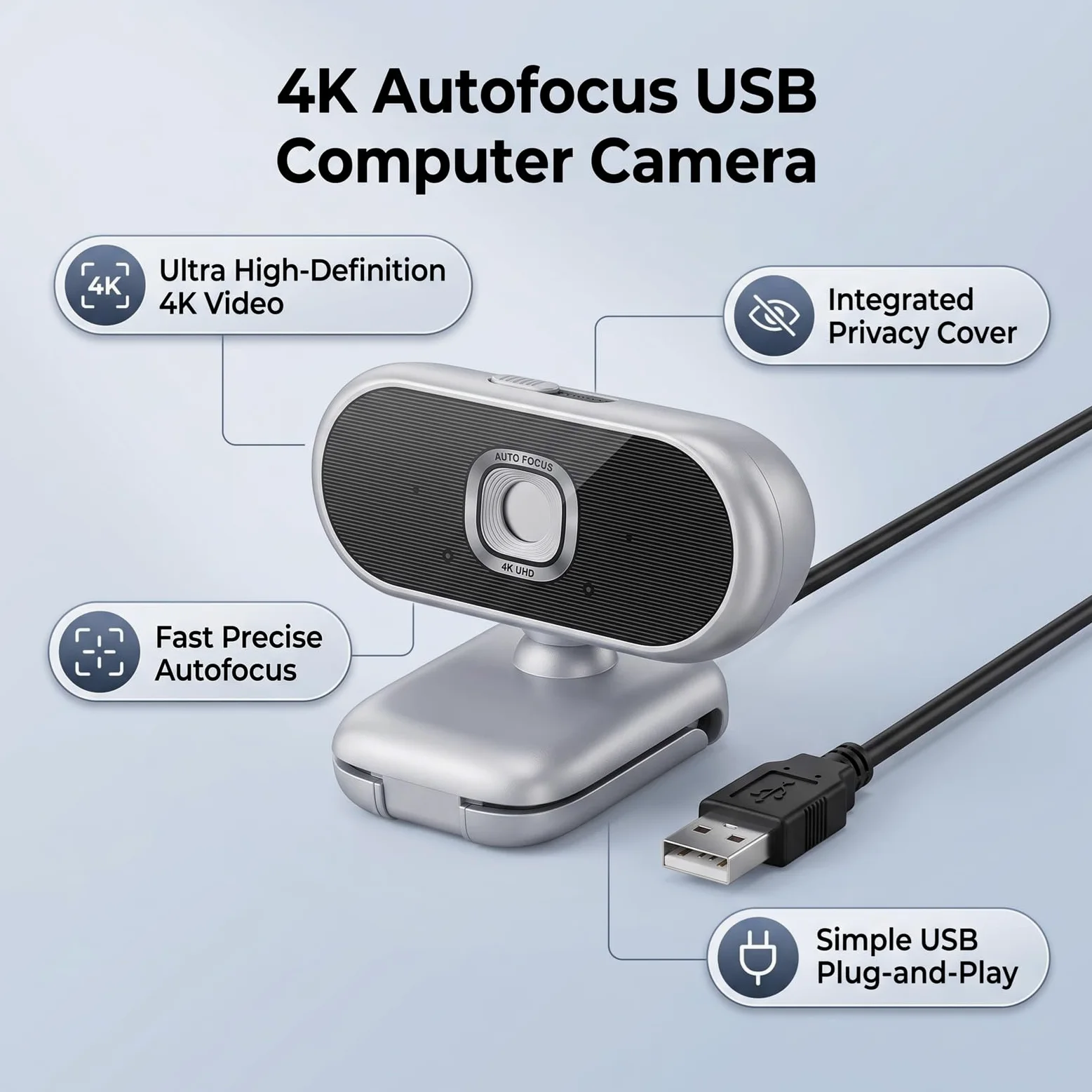 Tangxi Copertura per la Privacy della Webcam USB con Messa a Fuoco | Webcam 4K HD con Messa a Fuoco Automatica, USB Plug-and-play, Copertura Privacy, Ideale per Videochiamate su Desktop e Laptop