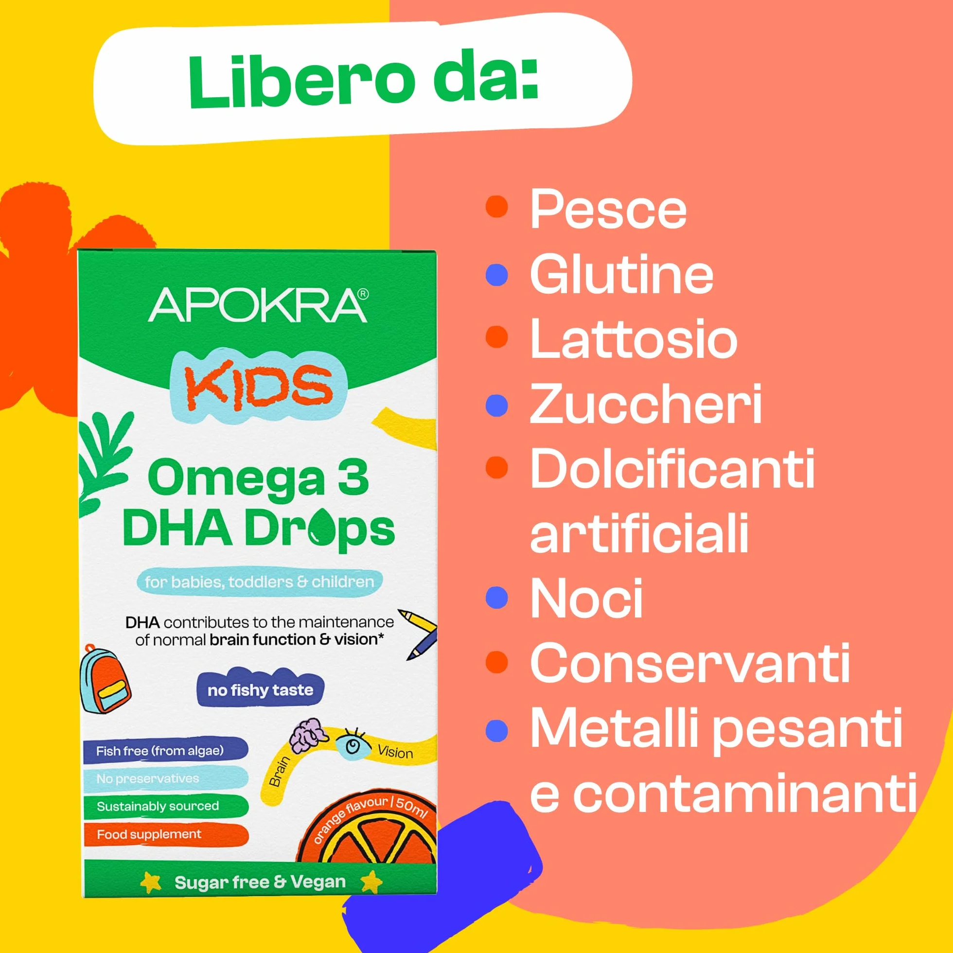 APOKRA Kids Omega 3 Vegan DHA Drops 50 ml Senza conservanti e senza zucchero