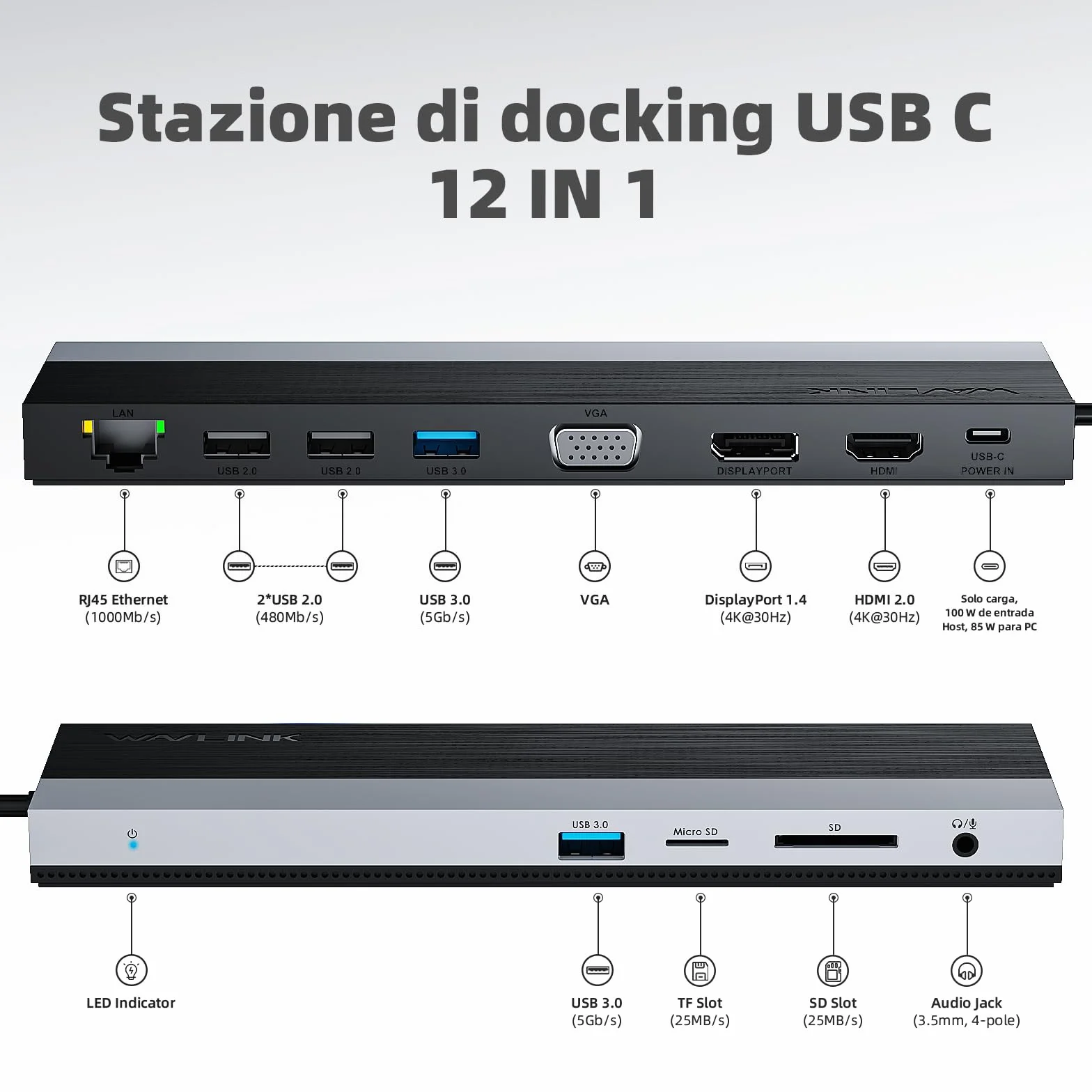 WAVLINK Docking station USB-C 3 monitor, docking station con HDMI, DP, VGA, 100W PD, USB3.0&2.0, RJ45, slot SD/TF, audio/microfono, per Lenovo/HP/Dell ecc. - Grigio