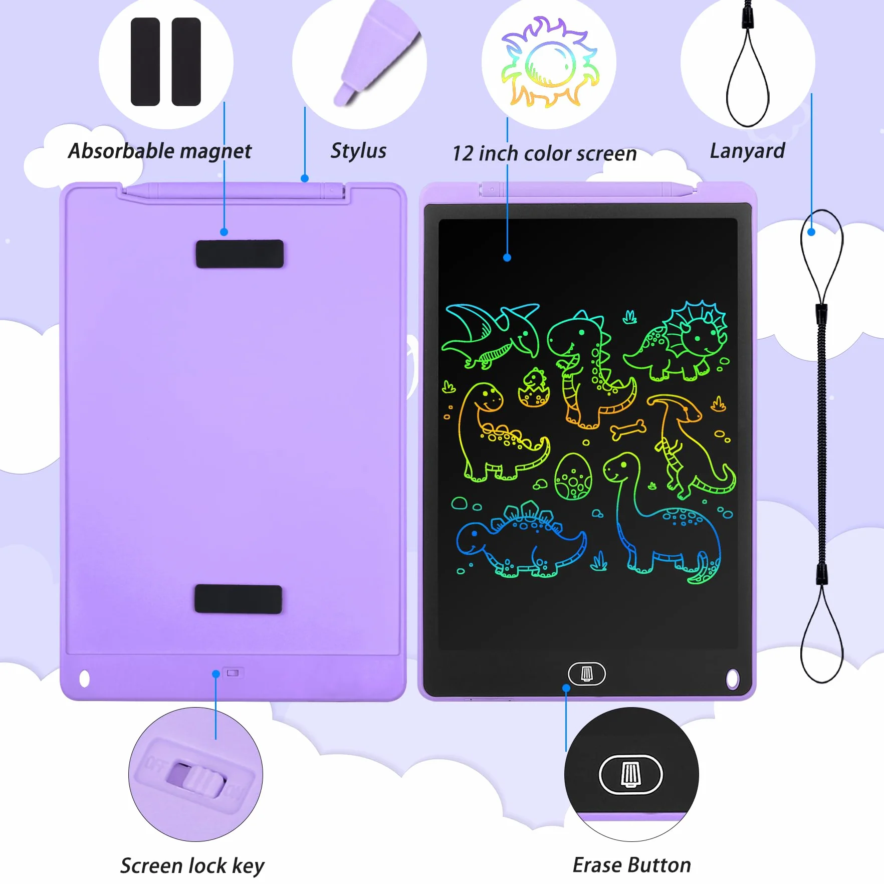 Tavoletta da Scrittura LCD 12 Pollici Colorata per Bambini, Tavolo da Disegno Cancellabile Portatile, Viola
