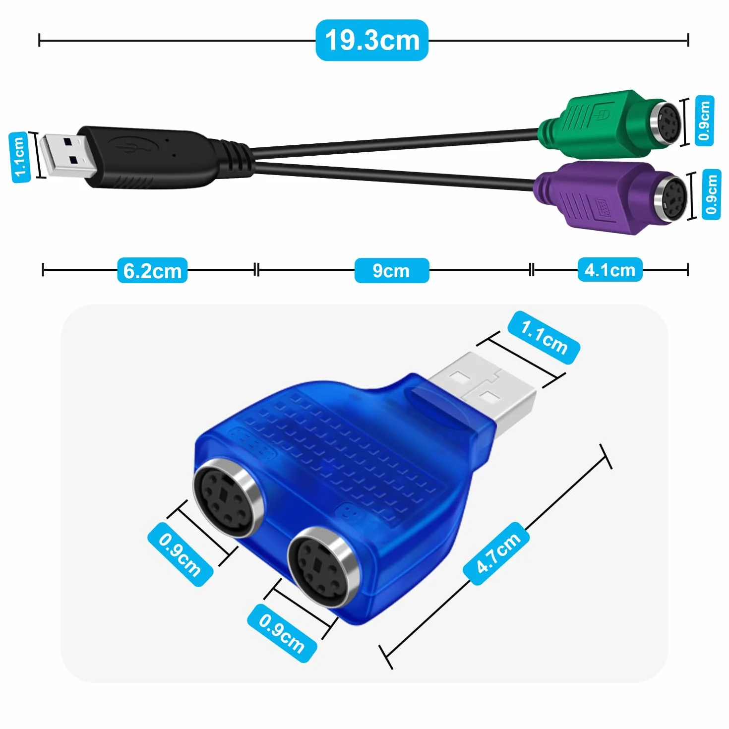 PS2 to USB Adapter Keyboard Adattatore PS2 USB Tastiera e Mouse con Chip Integrato Non Richiede Driver Plug and Play 18cm (Cavo+Adattatore)