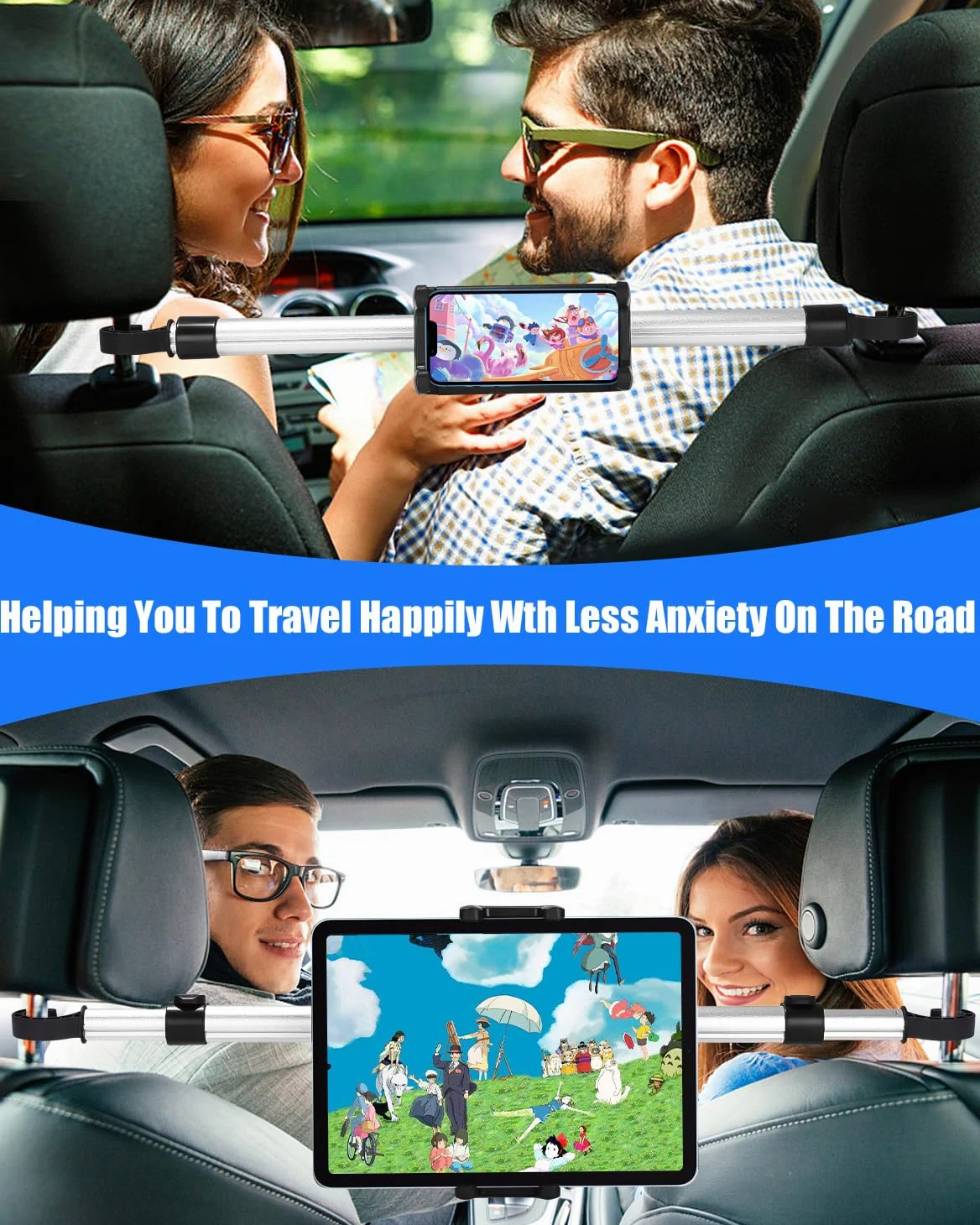 Metallo Porta Tablet da Auto, Supporto Tablet Auto Poggiatesta con 4 ganci di seduta, Universale Porta Tablet Auto Posteriore con Asta Telescopica per 4,7-12,9" iPad Pro Mini, Switch, Cellulare