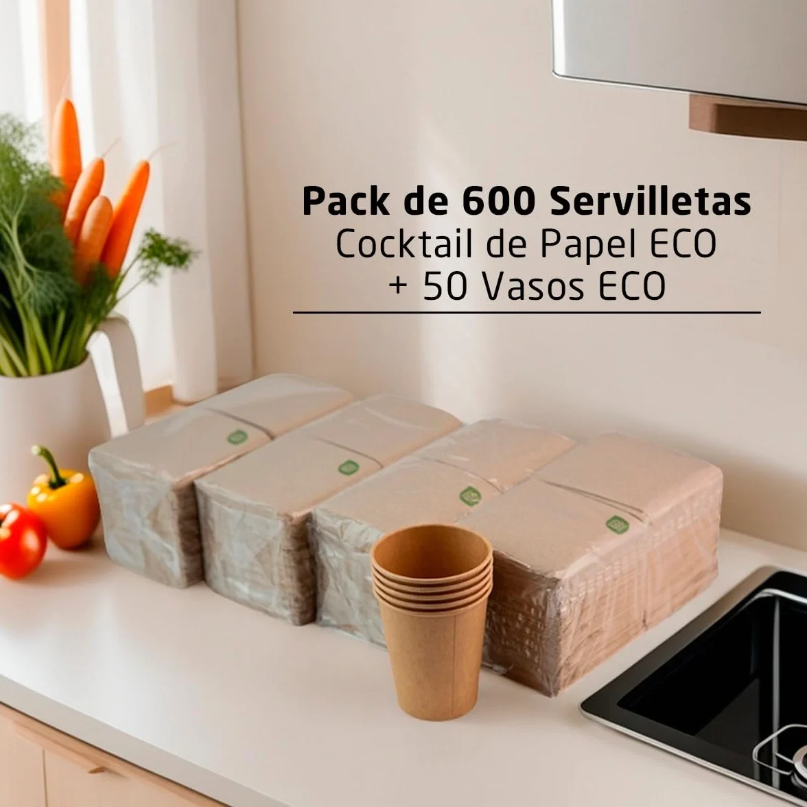 Tovaglioli Cocktail in Carta 100% Riciclabili e Biodegradabili 10x10 cm 600 pezzi + Bicchieri Eco 50 pezzi