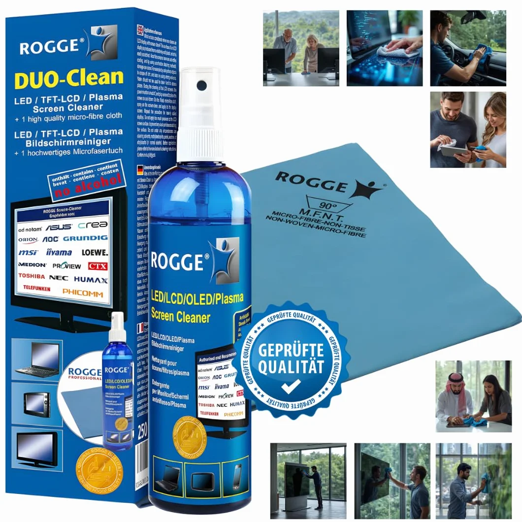 ROGGE DUO CLean Set di pulizia 250ml LCD/TFT + Pulitore Plasma + Panno microfibra Vileda