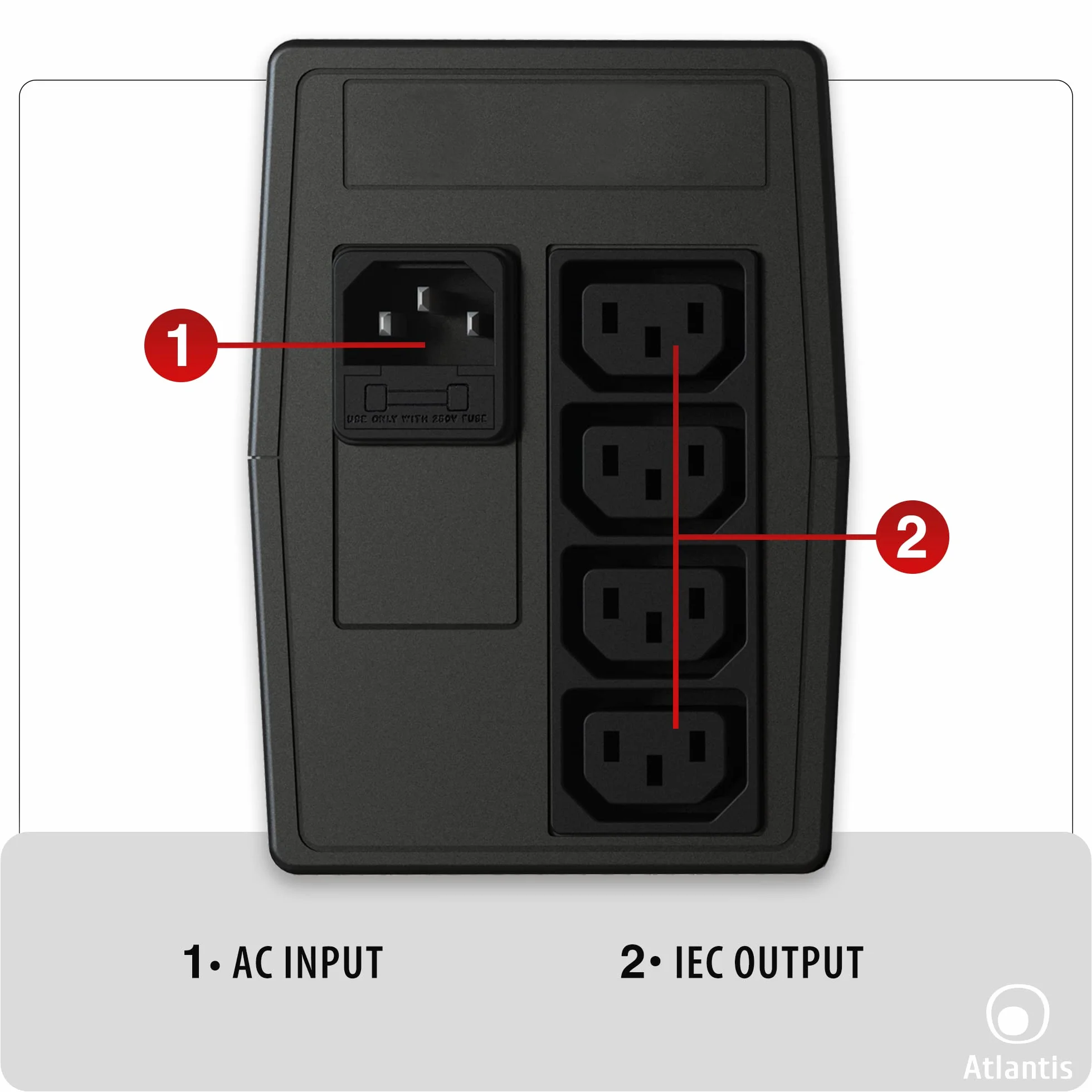 Atlantis OnePower PX800, UPS Line Interactive 800VA/400W, AVR (3 stadi), Onda PseudoSinusoidale, 4 prese IEC, 1 Batteria 12V 7Ah