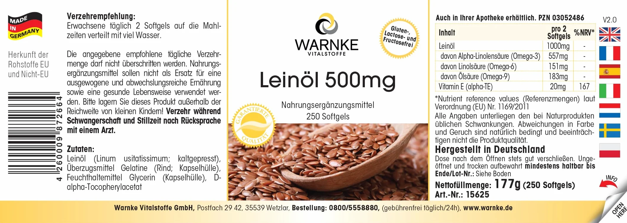 Olio di lino puro 500mg Alpha acido liponico Omega 3-250 Softgel Vitamina E Warnke Vitalstoffe