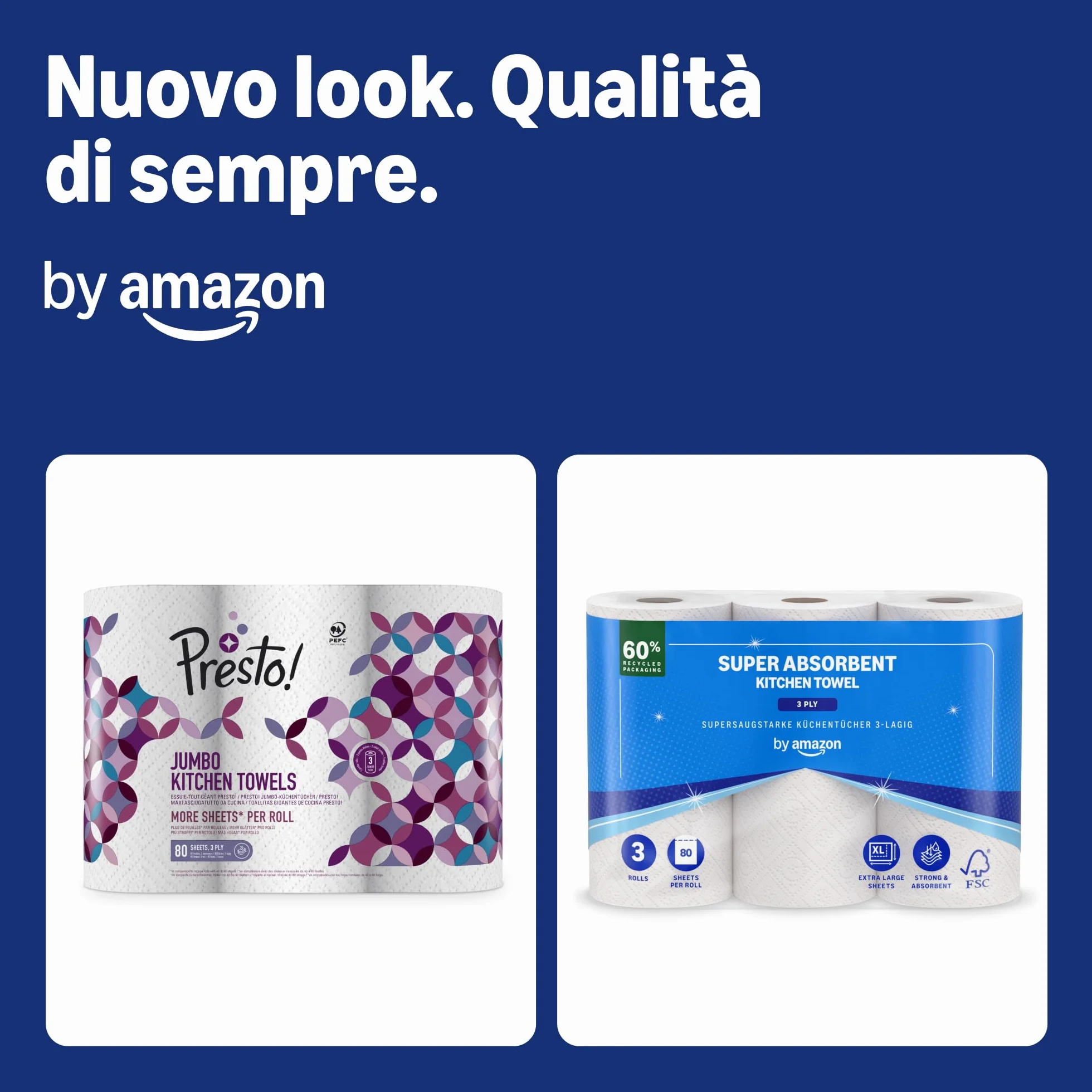 Amazon Asciugamano da cucina super assorbente, 3 strati, 18 rotoli, 80 fogli per rotolo, FSC