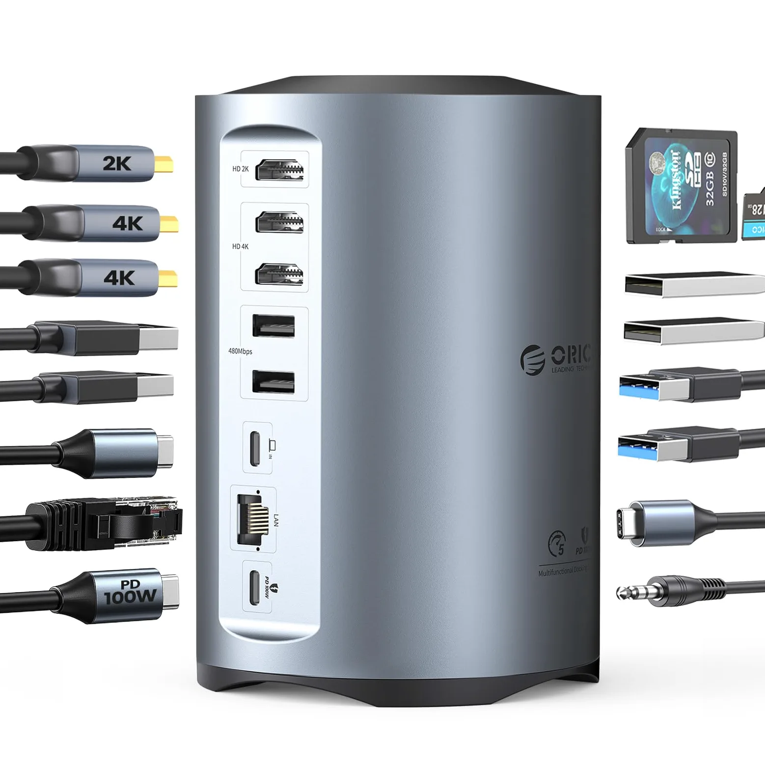 ORICO Docking Station USB C, 15 in 1 Hub Tre Monitor Con 100W PD, 2 USB-A 3.0+4 USB-A 2.0+1 USB-C 3.0, 3 HDMI 4K@60Hz, RJ45, 3.5mm, SD/TF per MacBook M1/Lenovo/Thinkpad/Dell/Hp
