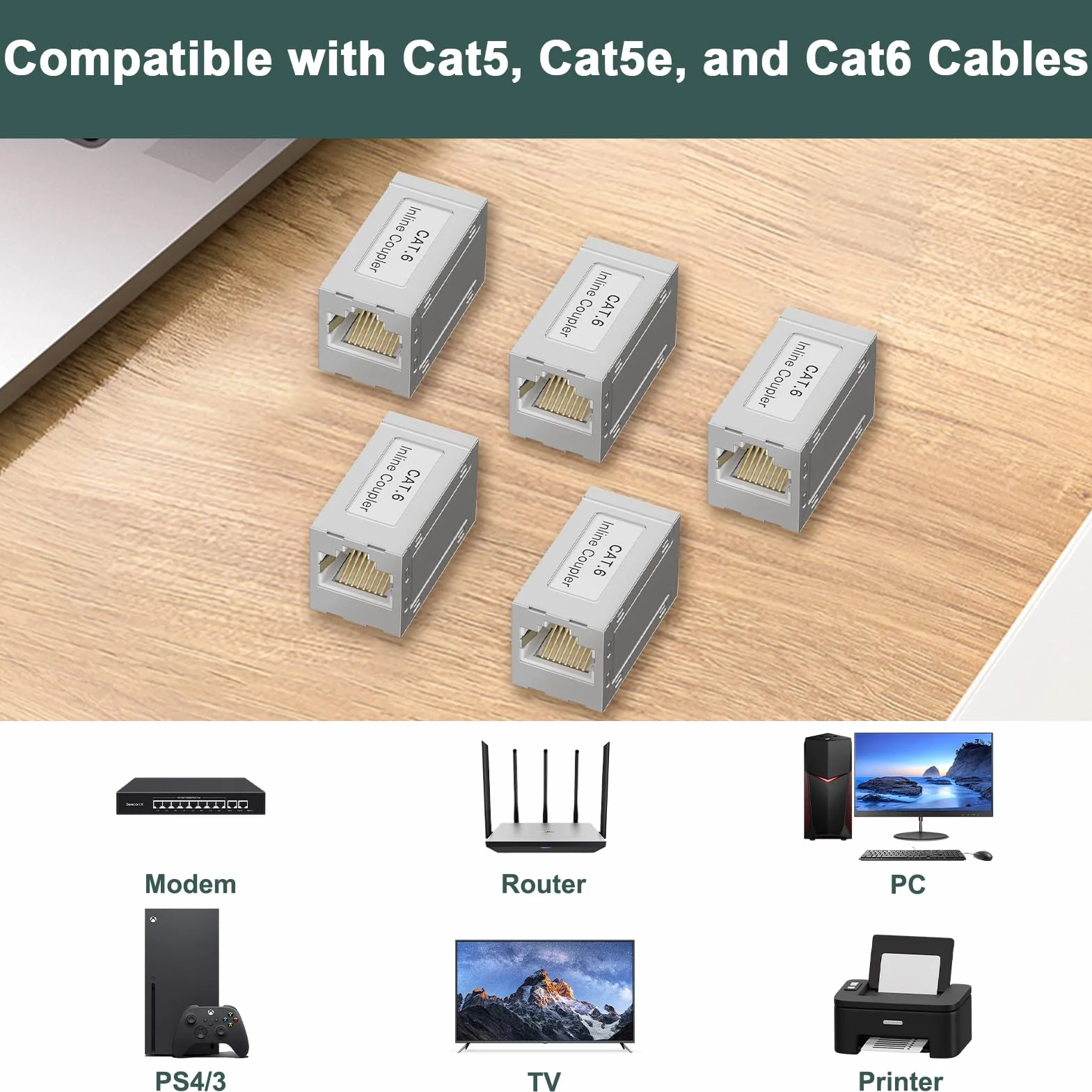 5 pezzi accoppiatore RJ45, connettore RJ45 CAT6 femmina femmina adattatore Ethernet di rete in linea 10Gbps, cavo LAN Extender per CAT6 CAT5e CAT5, compatibile con TV Router Modem Switch PC Console