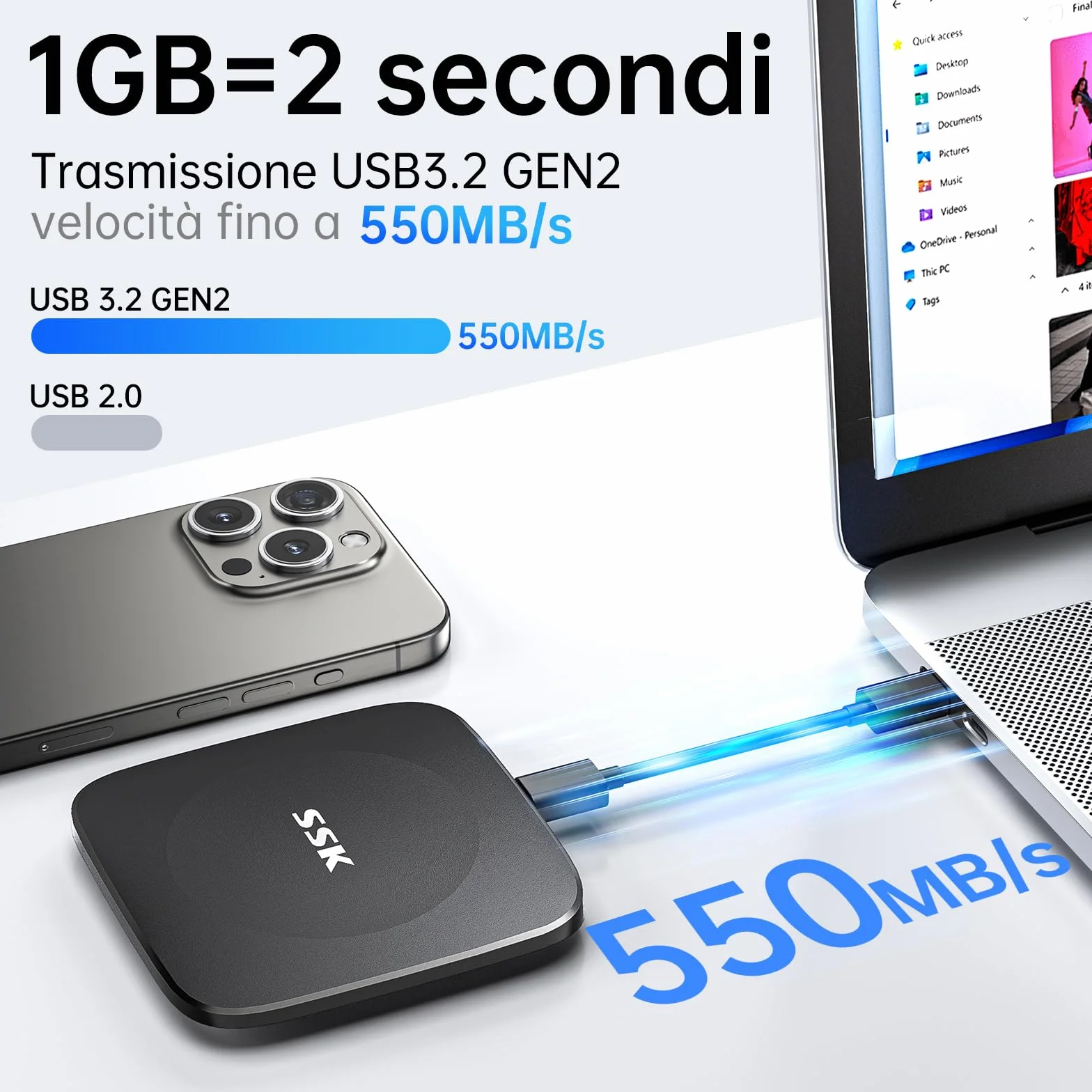 SSK SSD 256GB Esterno Portatile,fino a 550MB/s, Hard Disk Esterno SSD con cavo da Tipo C a USB C/A,Unità a Memoria stato solido veloce USB 3.2 GEN2 per iPhone 15/Android/Windows/Tablet/Mac/Xbox