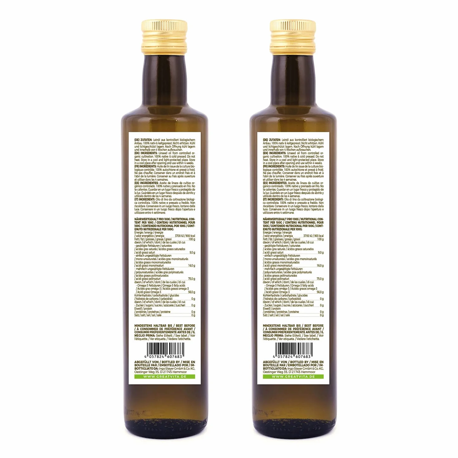 MeaVita Olio di lino biologico 100% puro spremuto a freddo 2x500ml vetro