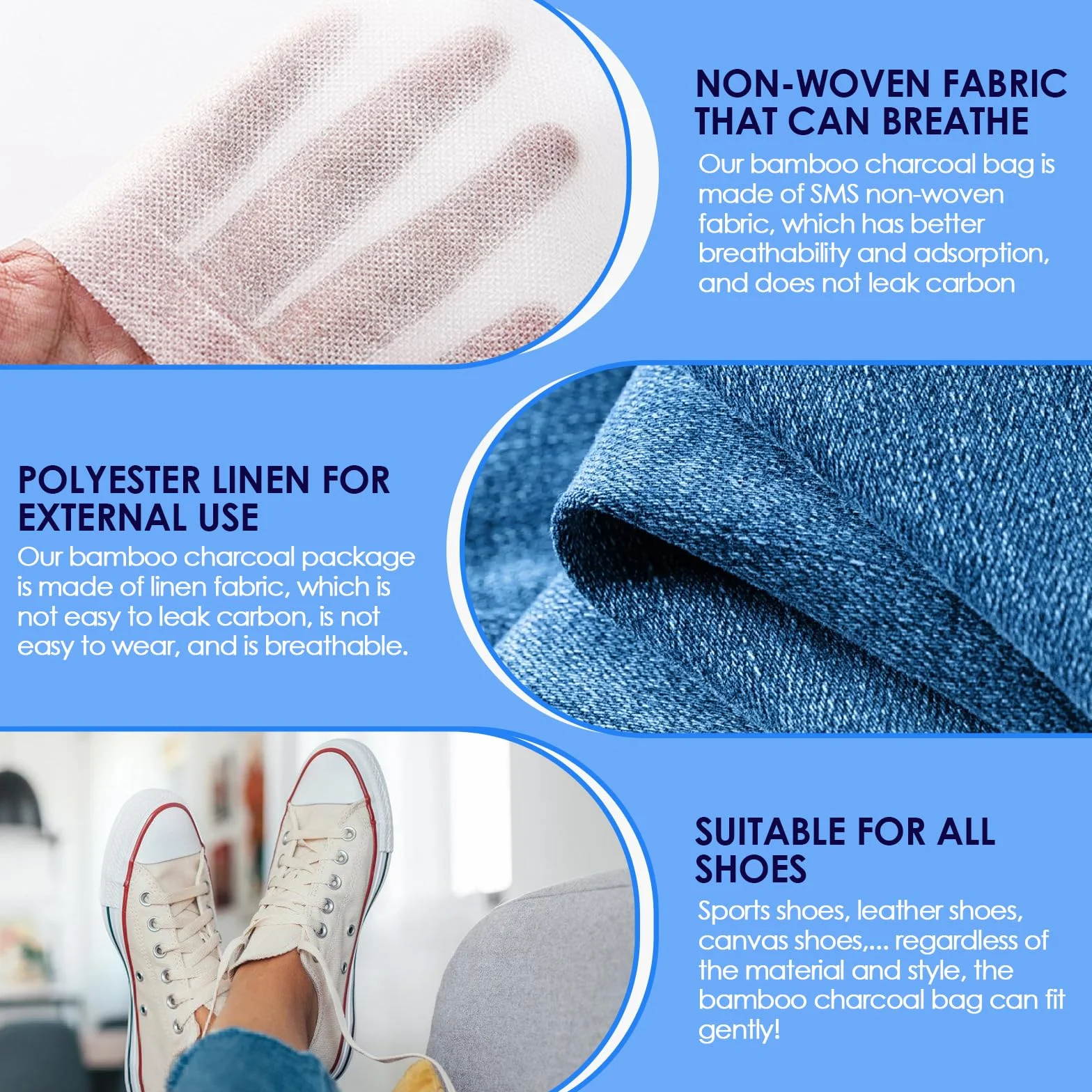 Sacchetto Deodorante Carbone Attivo Bambù 4 Pezzi per Scarpe Sportive Lavoro Ginnastica Blu