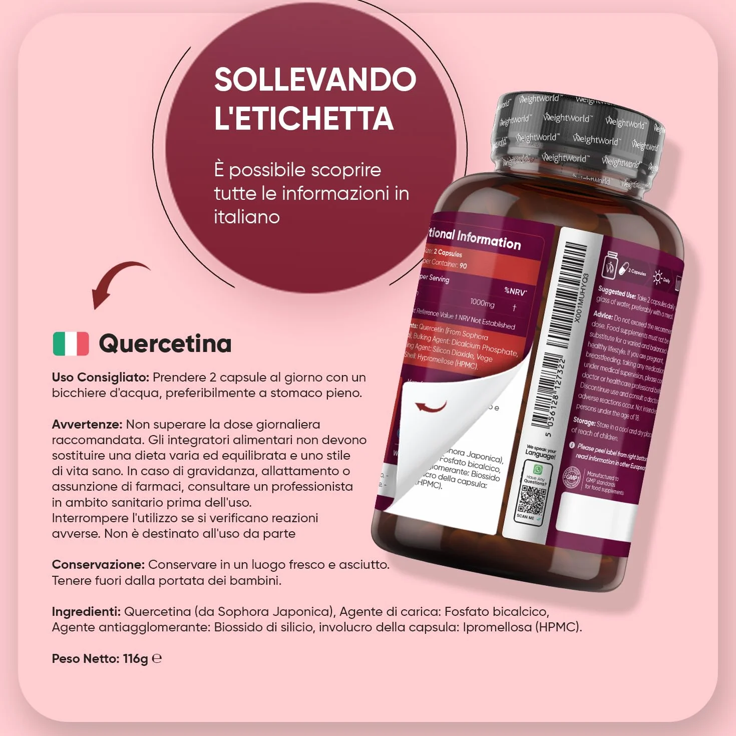 Quercetina 1000mg Pura Vegana 180 Capsule Integratore Flavonoidi Sophora Japonica