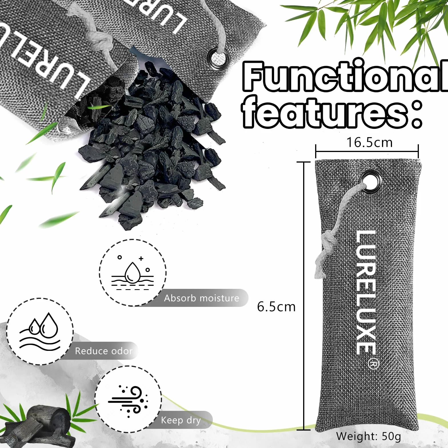 Sacco Deodorante Carbone Attivo Bambù 2 Pezzi Elimina Odori Fresca Fragranza Grigio