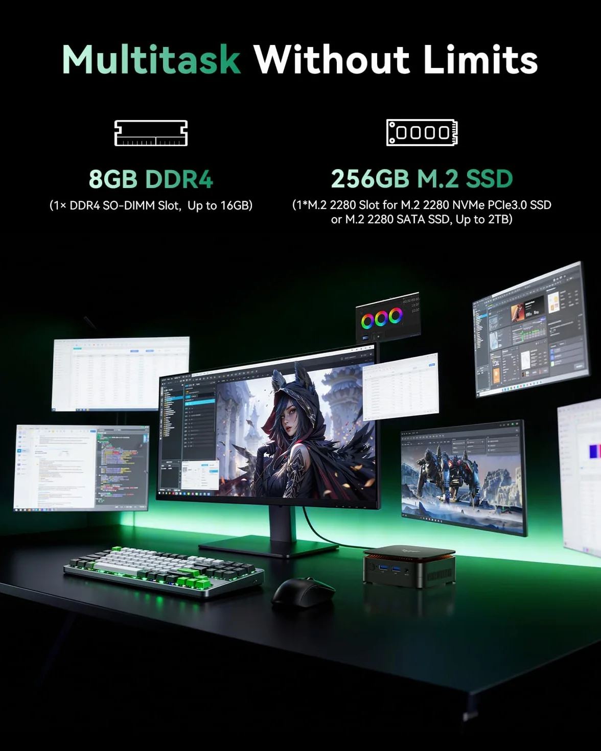 NiPoGi Essenx E1 Mini PC AMD 3150U 8GB DDR4 256GB SSD 4K@60Hz Dual Display WiFi 5 BT 4.2 LAN W11 Pro