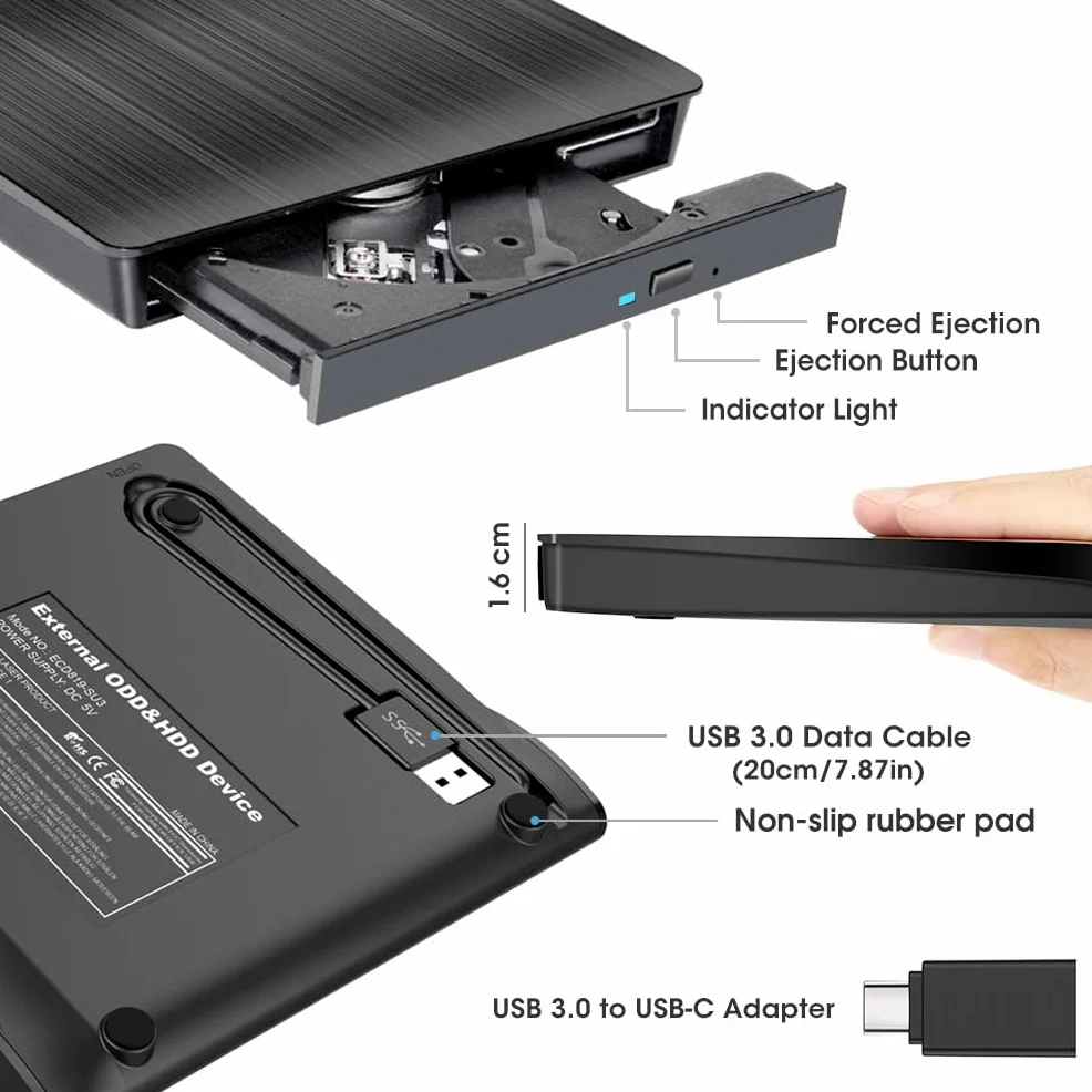 unità CD Dvd Esterna, unità Portatile USB 3.0 CD/Dvd +/- RW Slim CD/VCD Rom Masterizzatore masterizzatore Floppy Superdrive per Laptop,PC,Mac 10,OS, Windows 10/8/7/XP/Vista,Linux