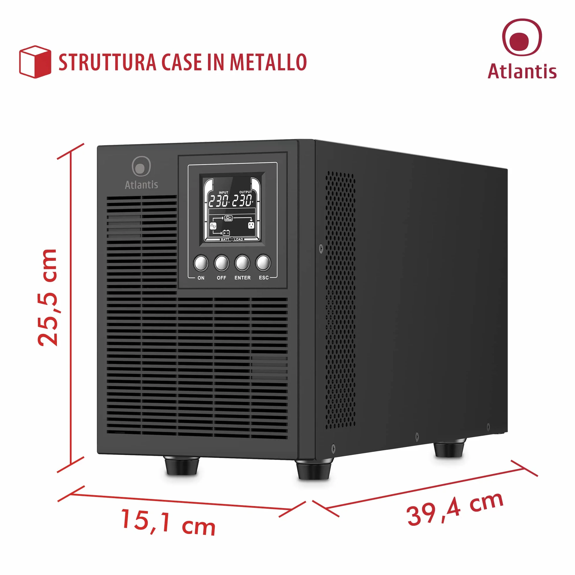 Atlantis A03-OP2002P PRO UPS OnLine Gruppo di Continuità Server Doppia conversione Onda Sinusoidale Pura 2000VA 1800W, Tower, display LCD, USB, seriale RS-232, 4 uscite IEC, slot SNMP, 4x12V-9Ah