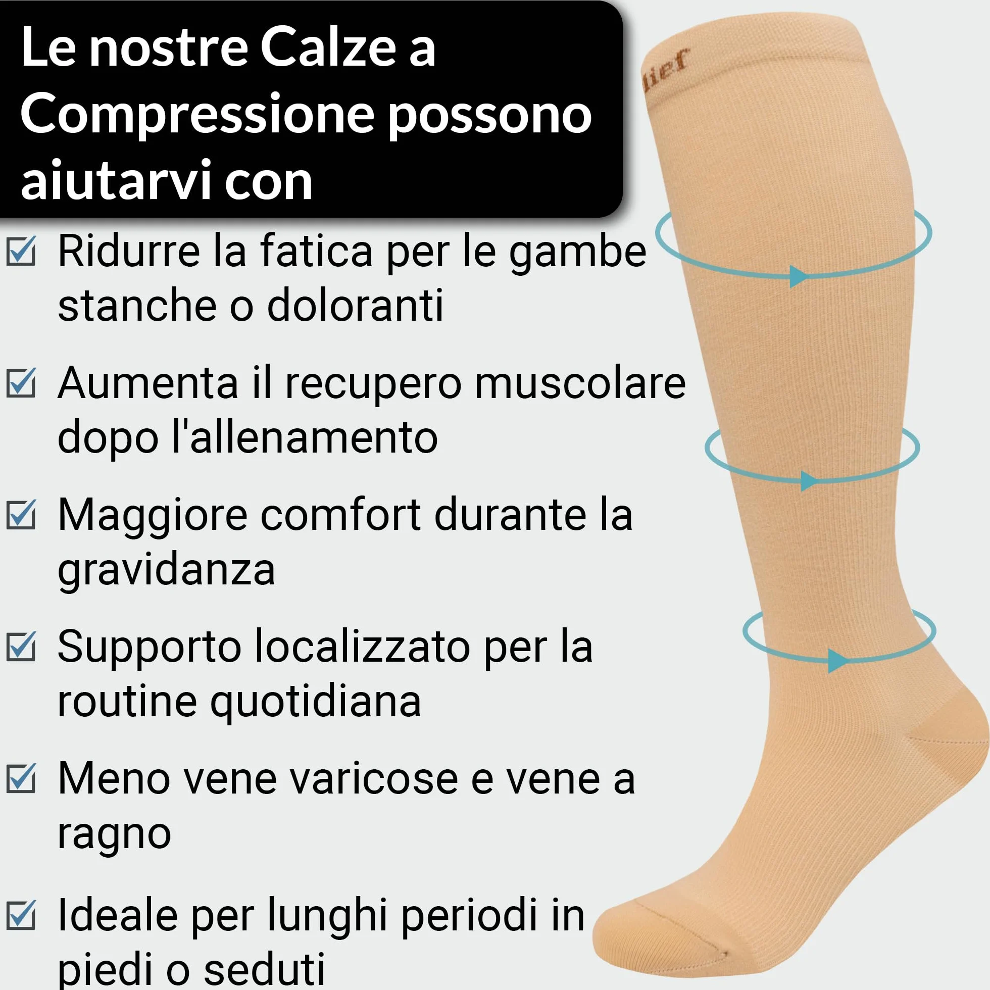 Calze Compressione Graduata Donna Uomo 1 Coppia XXL Beige con Borsa Lavanderia