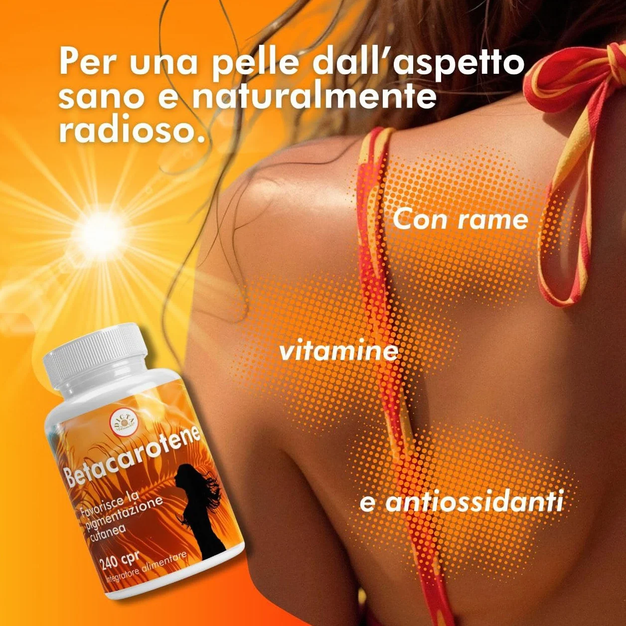 Betacarotene 240 Compresse Abbronzatura Forte con Vitamina C E B2 Selenio Rame Integratore Sole Pelle Made in Italy