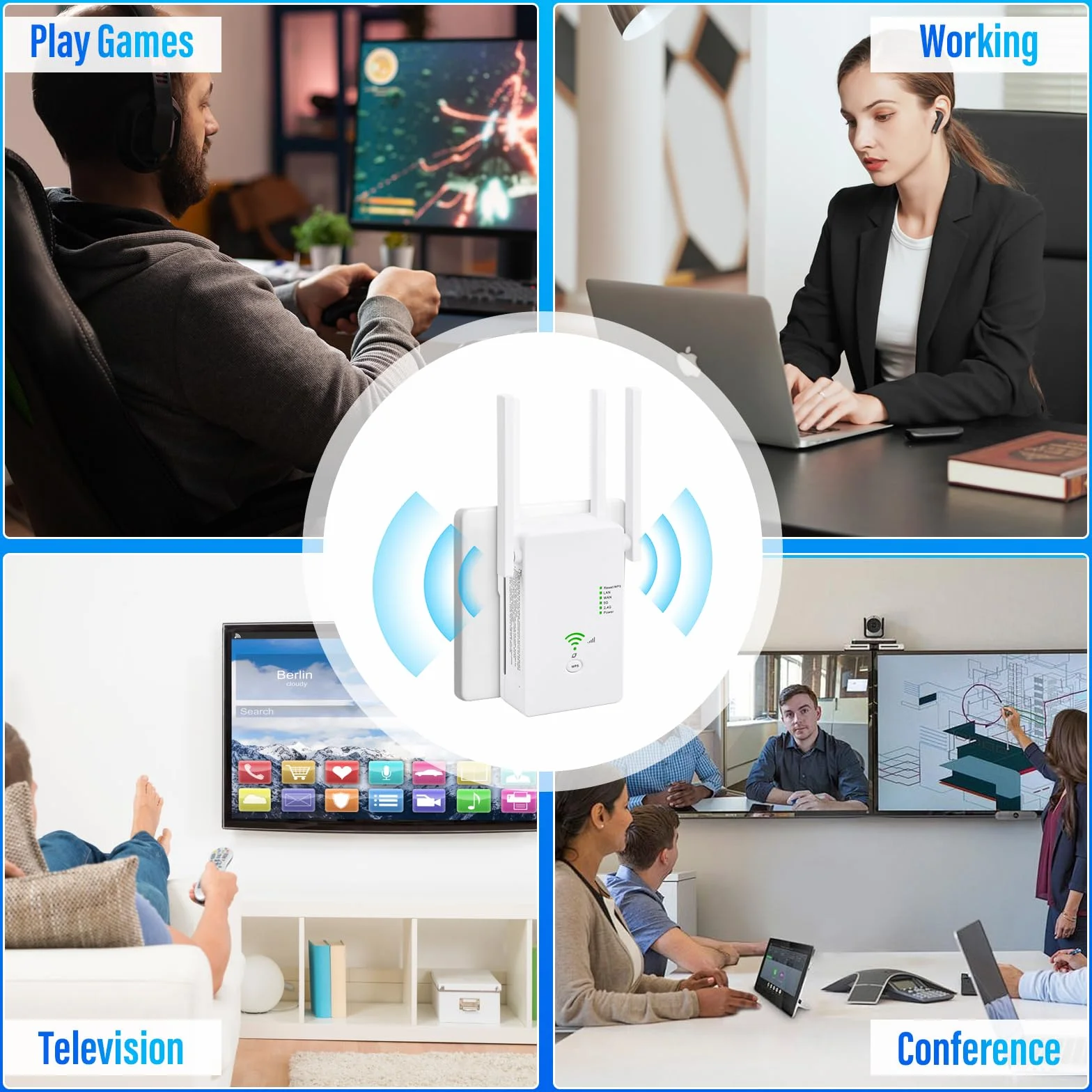 Ripetitore WiFi Potente Per Casa, 1200Mbps WiFi Extender Dual Band 5GHz & 2,4GHz con 4 Antenne, Porta Ethernet, WPS, Amplificatore Wifi Supporta Modalità Ripetitore/Router/AP (Bianco)
