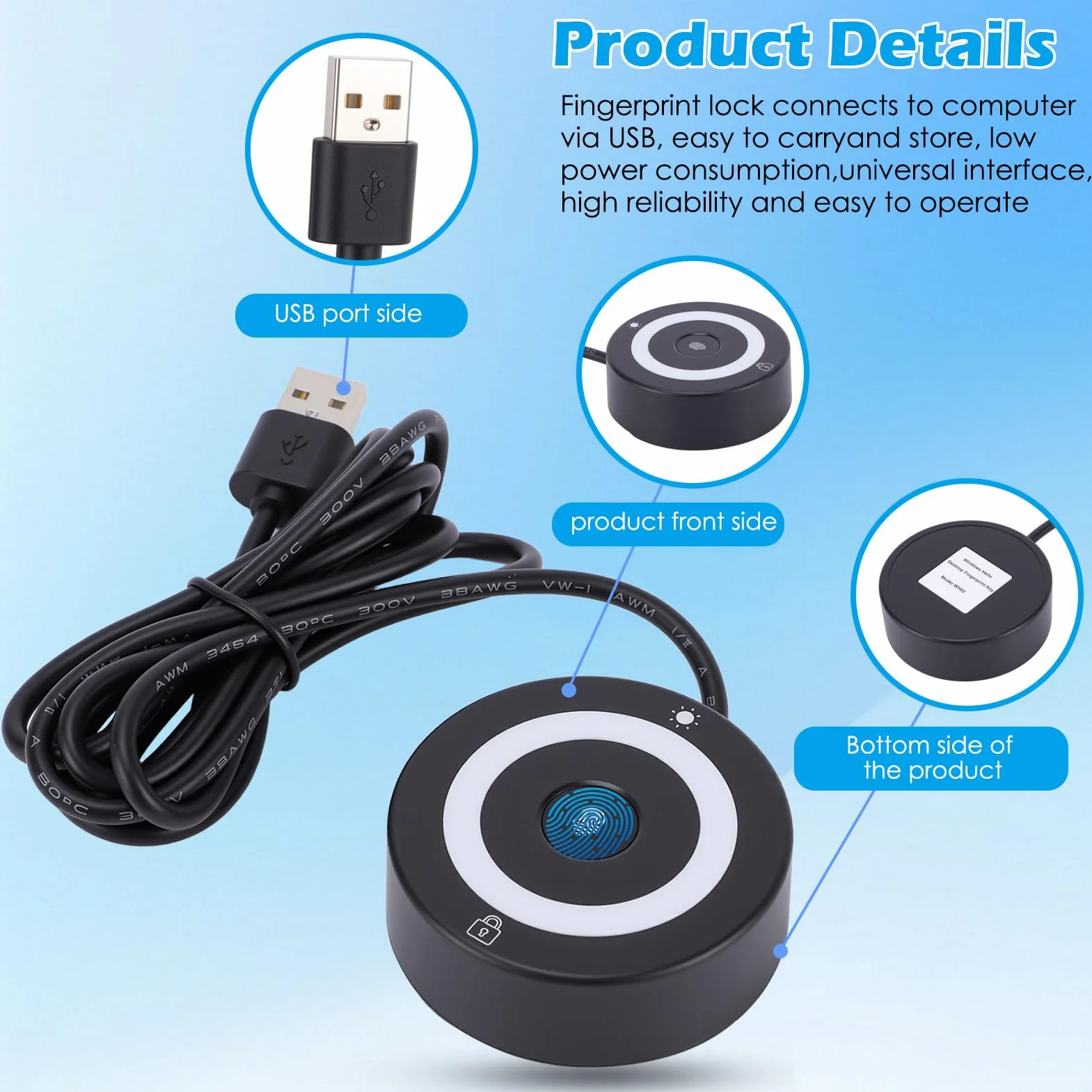 Logger per impronte digitali USB, con luci che cambiano colore, blocco software di rilevamento delle impronte digitali capacitivo con luci che cambiano colore all'accensione, compatibile con Windows