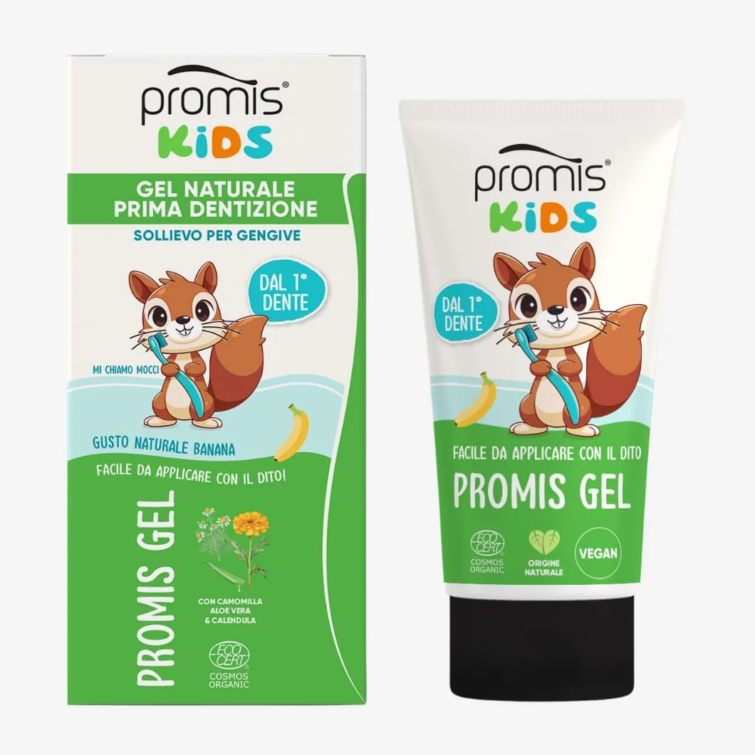 PROMIS Gel Kids Dentizione Naturale Sollievo Gengive Banana Bio Vegano con Aloe Vera Camomilla Calendula Acido Ialuronico