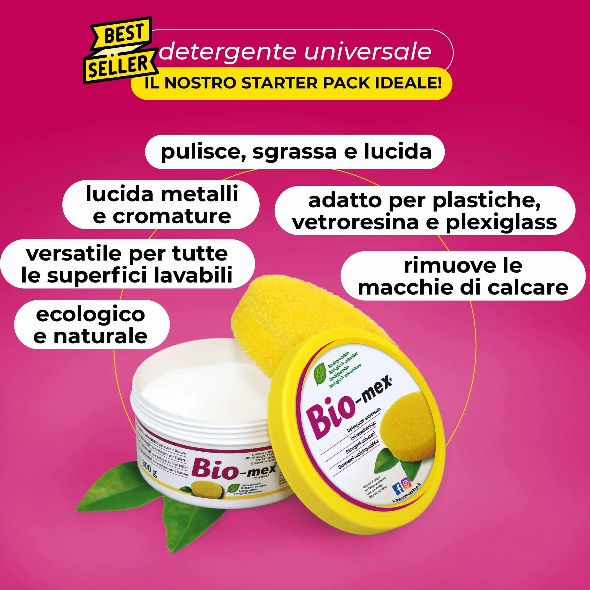 Bio-mex® Detergente Universale Biodegradabile 300gr con Spugna - Pasta Pulente per Acciaio