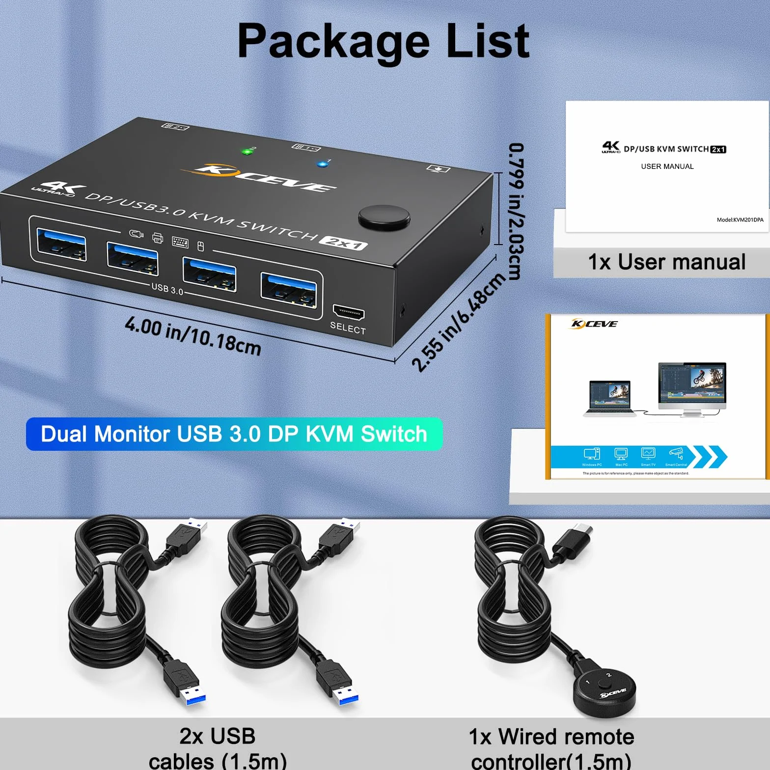 Switch KVM USB3.0 Displayport 2 porte 4K@144Hz, Switch KVM 2 PC 1 monitor 8K@30Hz con 4 porte USB3.0 per 2 PC condivisi 1 monitor e tastiera, mouse, stampante, con telecomando via cavo e 2 cavi USB3.0