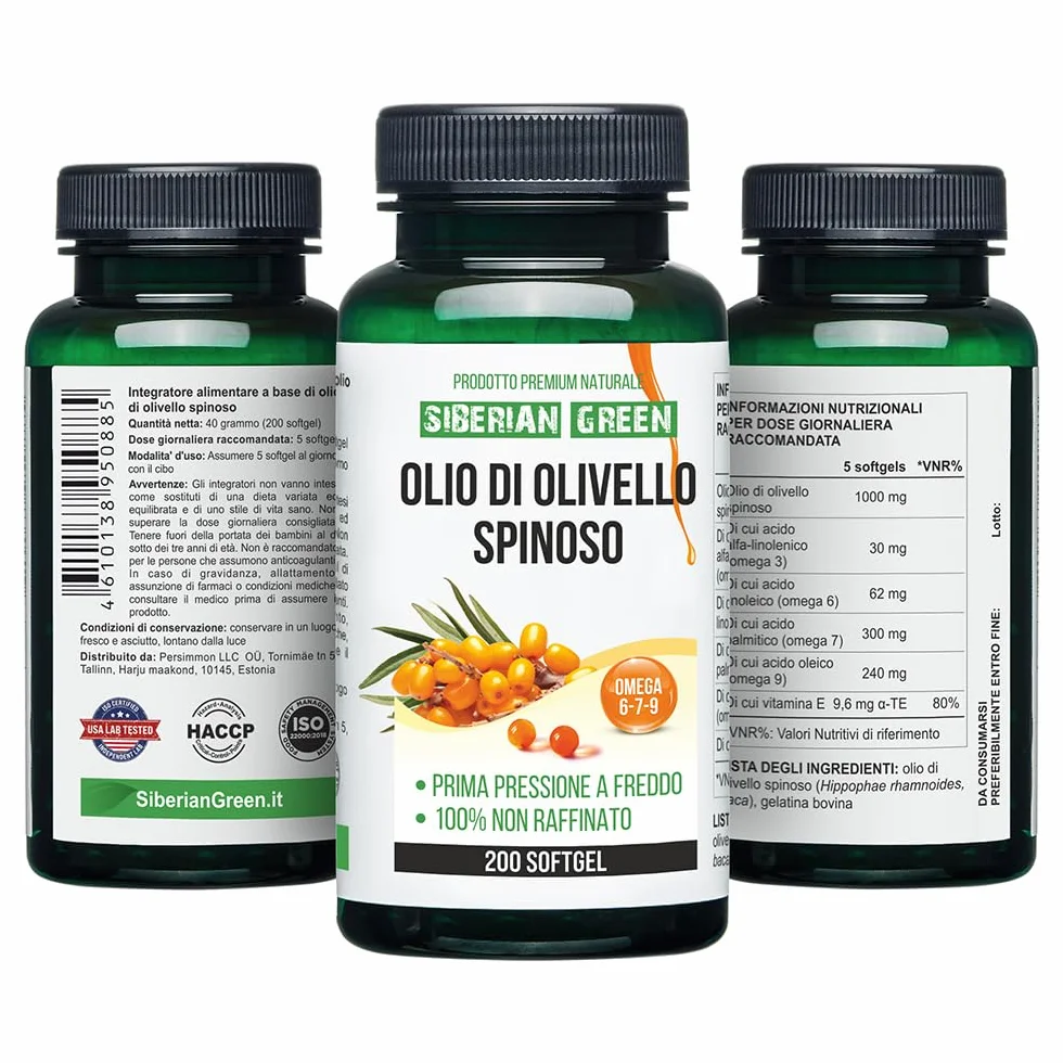 Capsule di olio di olivello spinoso siberiano 200 capsule molle Omega 7 Premium senza glutine non OGM