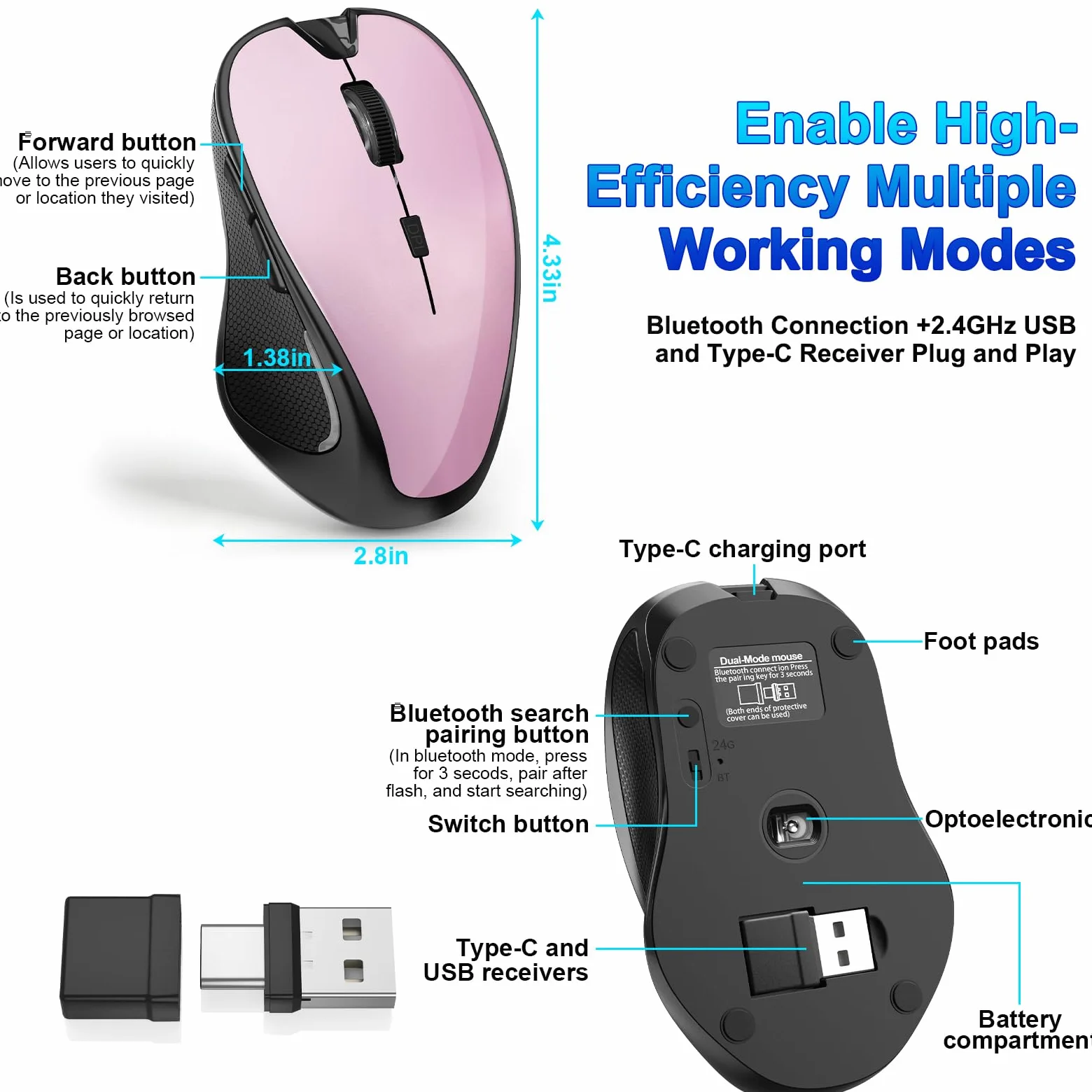 Mouse per MacBook Bluetooth Wireless Mouse Laptop MacBook Air Mac Pro Silenzioso Ricaricabile PC iPad Mouse Ottico con Jiggler Dual Mode Switch Bluetooth 5.2/3.0 e 2.4GHz USB Type-C Receiver SILVERY